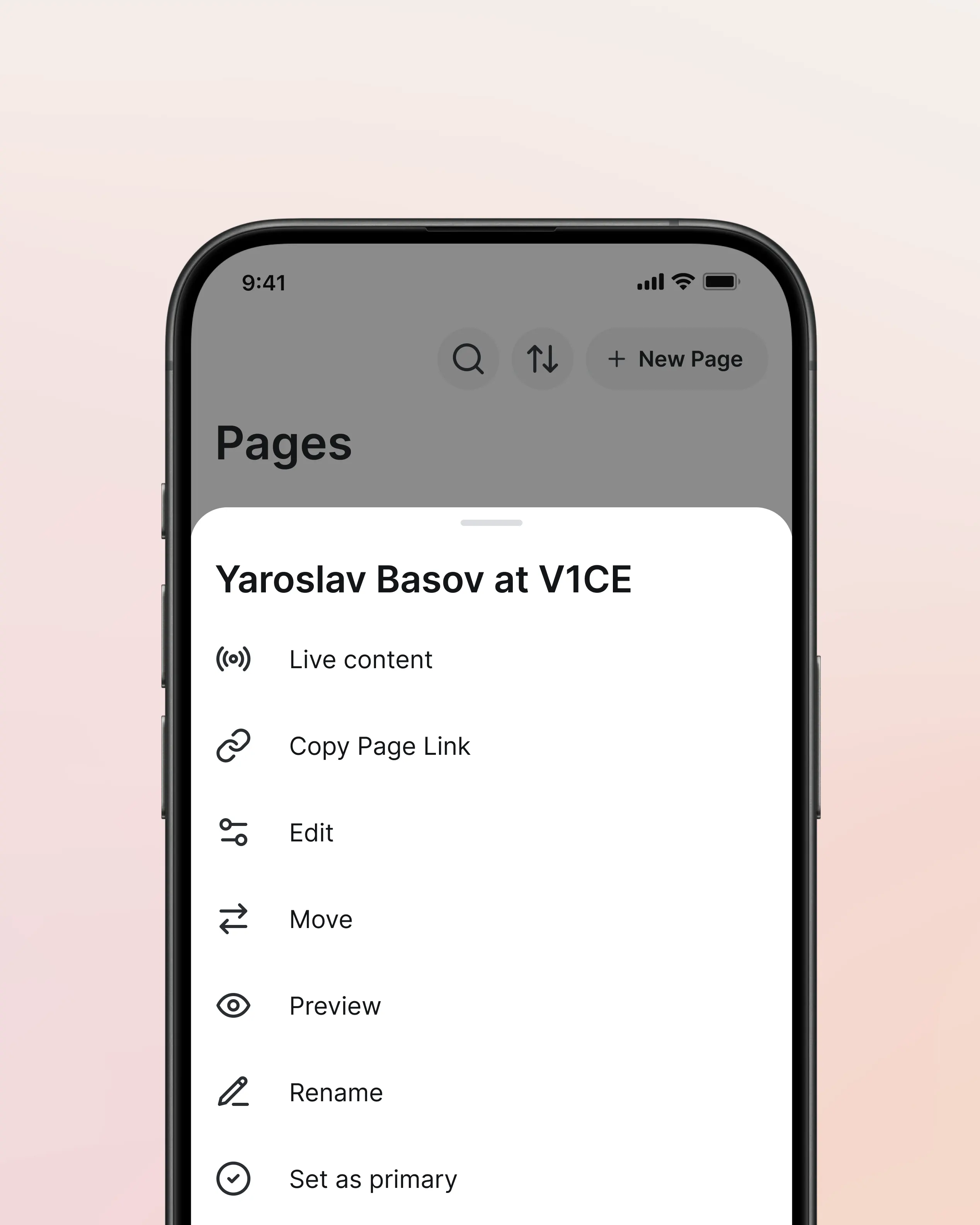Actions menu screen for V1CE Digital Business Cards design by basov