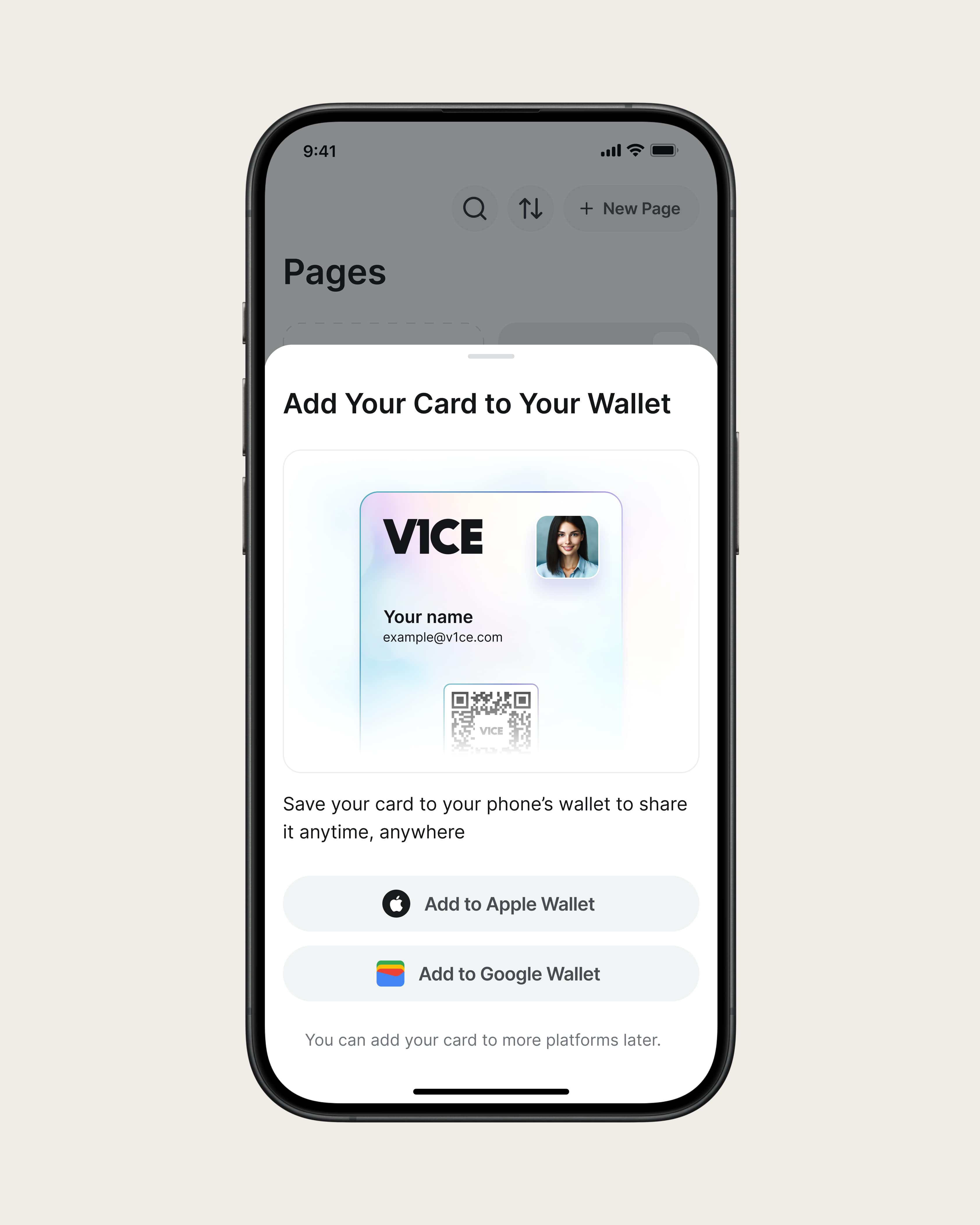 Add your card to your wallet screen for v1ce