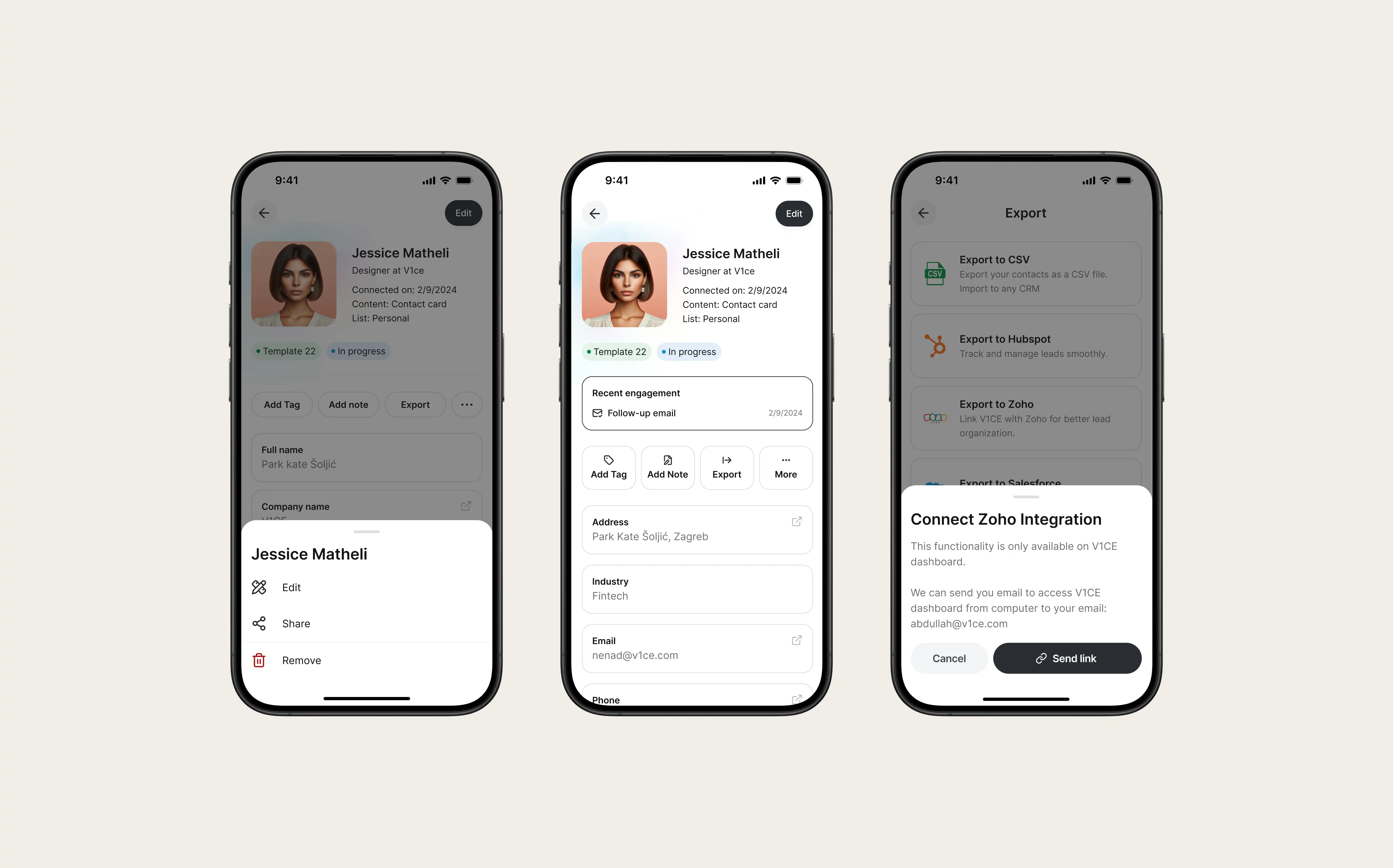 My Contacts screens for V1CE mobile app