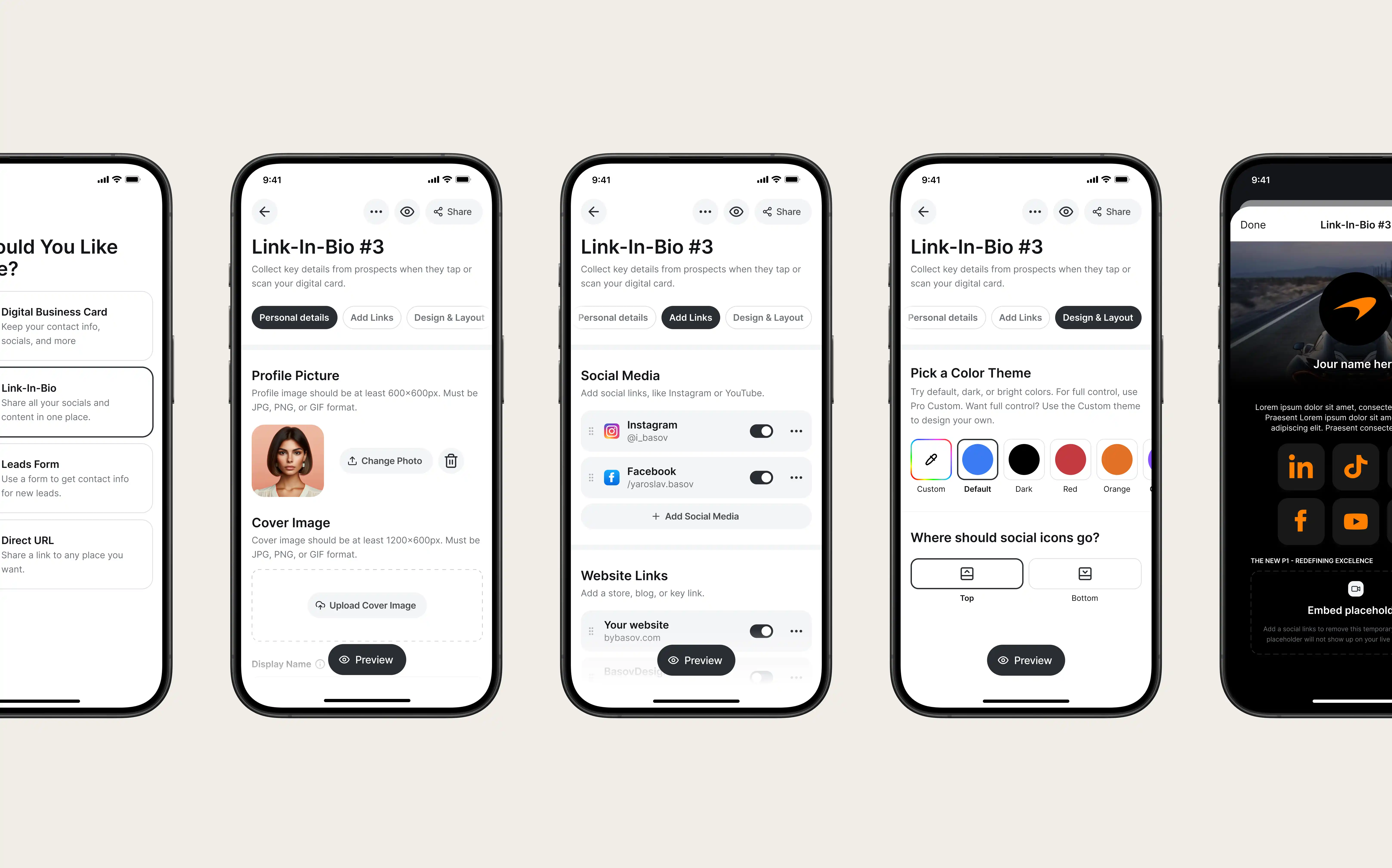 Customisation link in bio screens for V1CE saas design