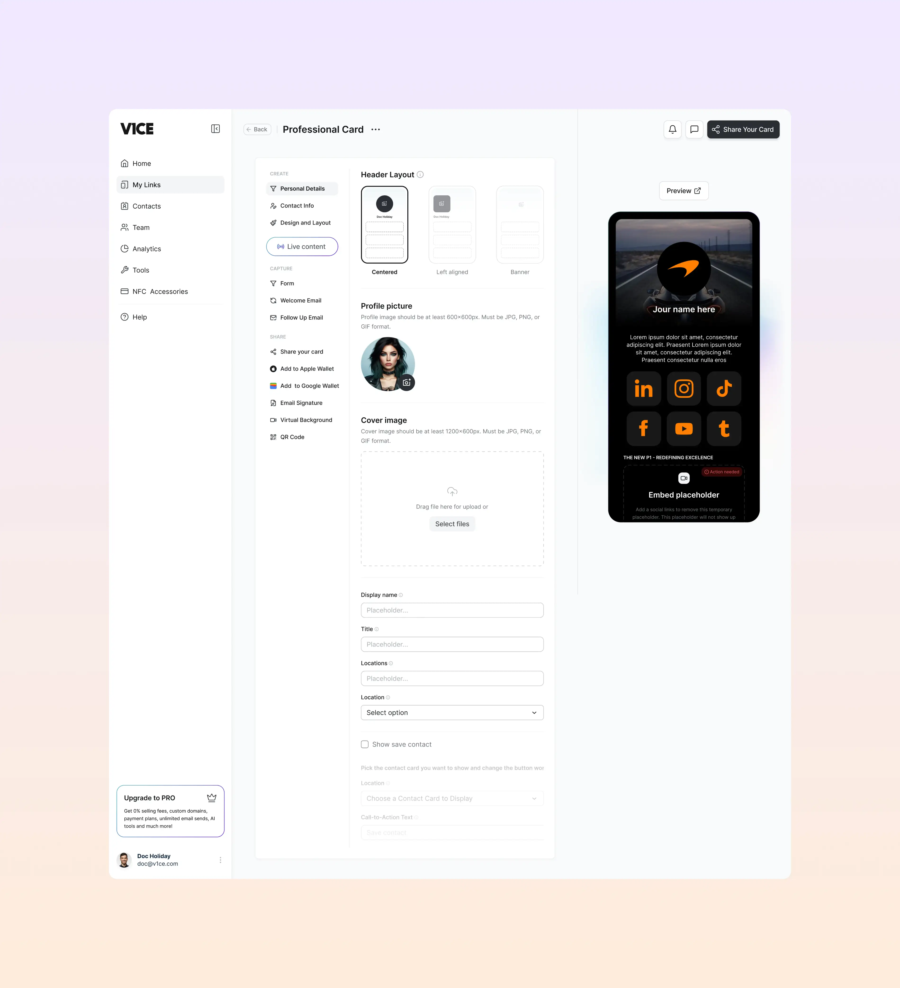 Customization card page Dashboard design for v1ce mobile app and saas design