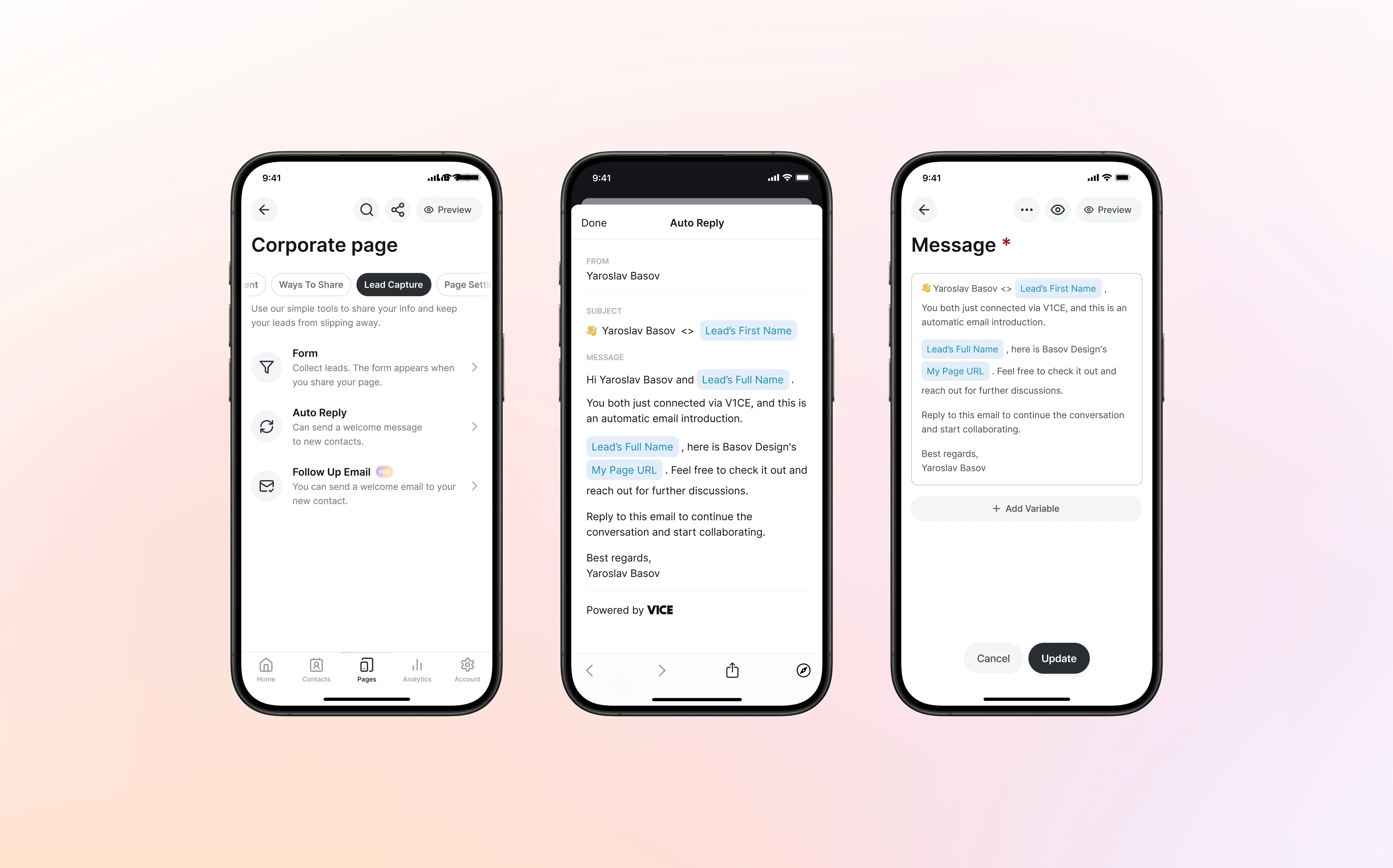 Leade Capture screens for V1CE mobile app and saas
