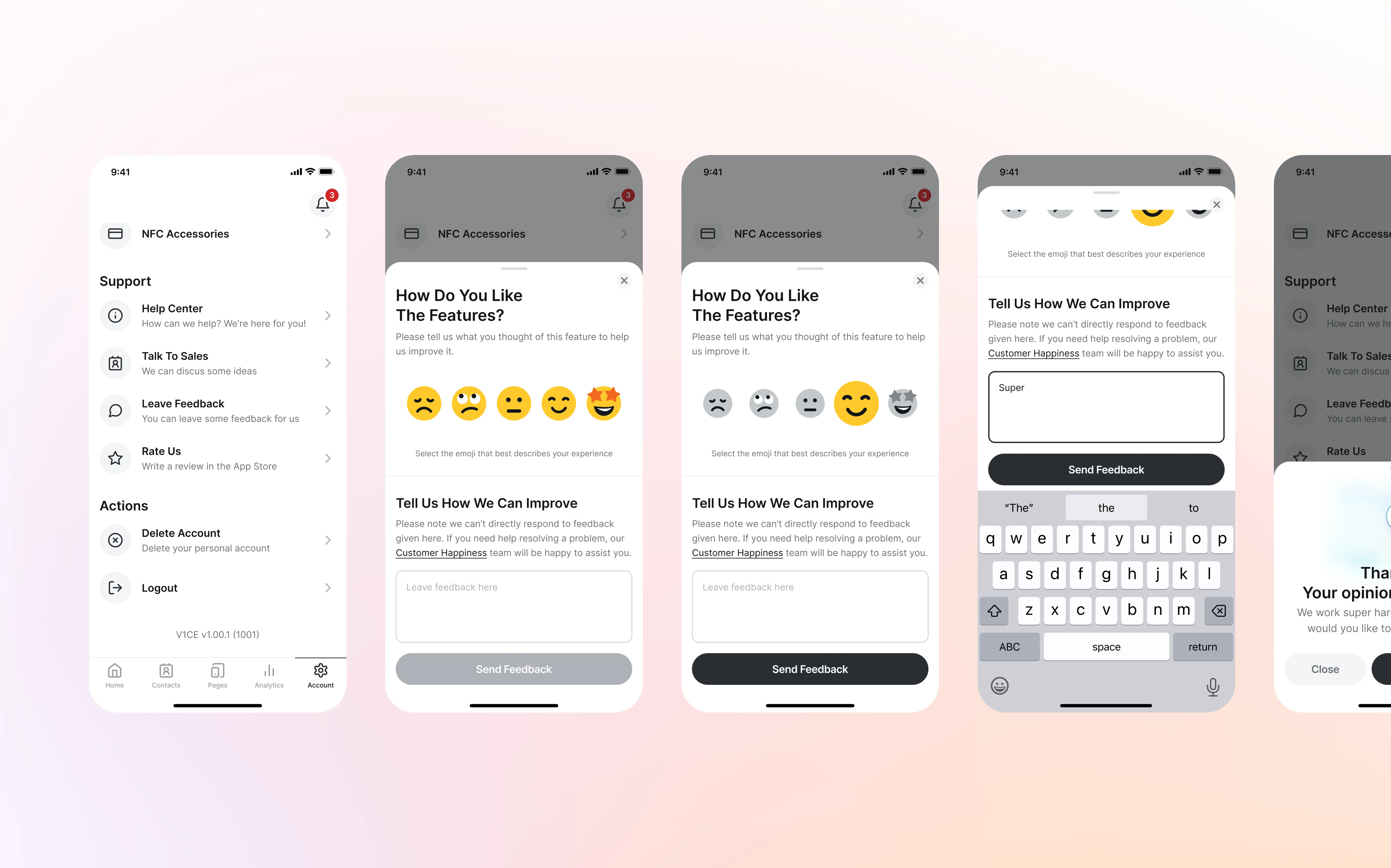 Leave feedback screens for V1CE mobile app design Leave Feedback