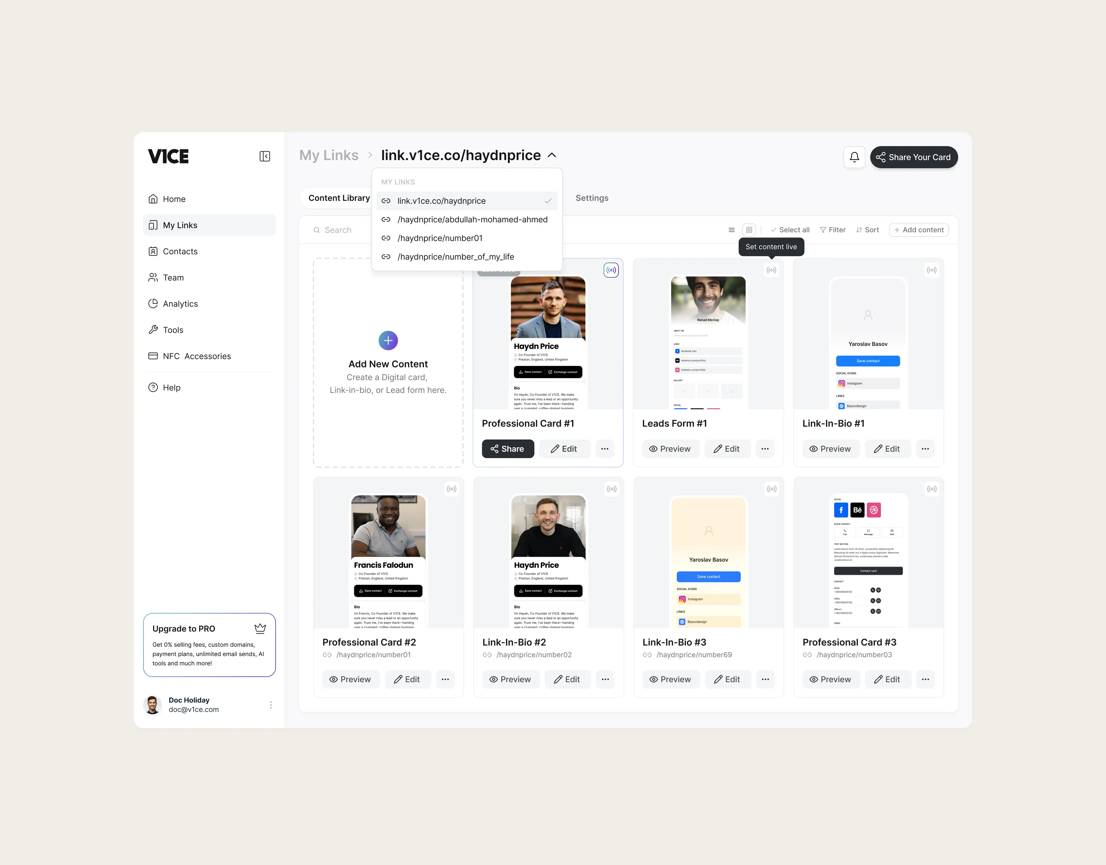 My links page Dashboard design for v1ce mobile app and saas design by basov