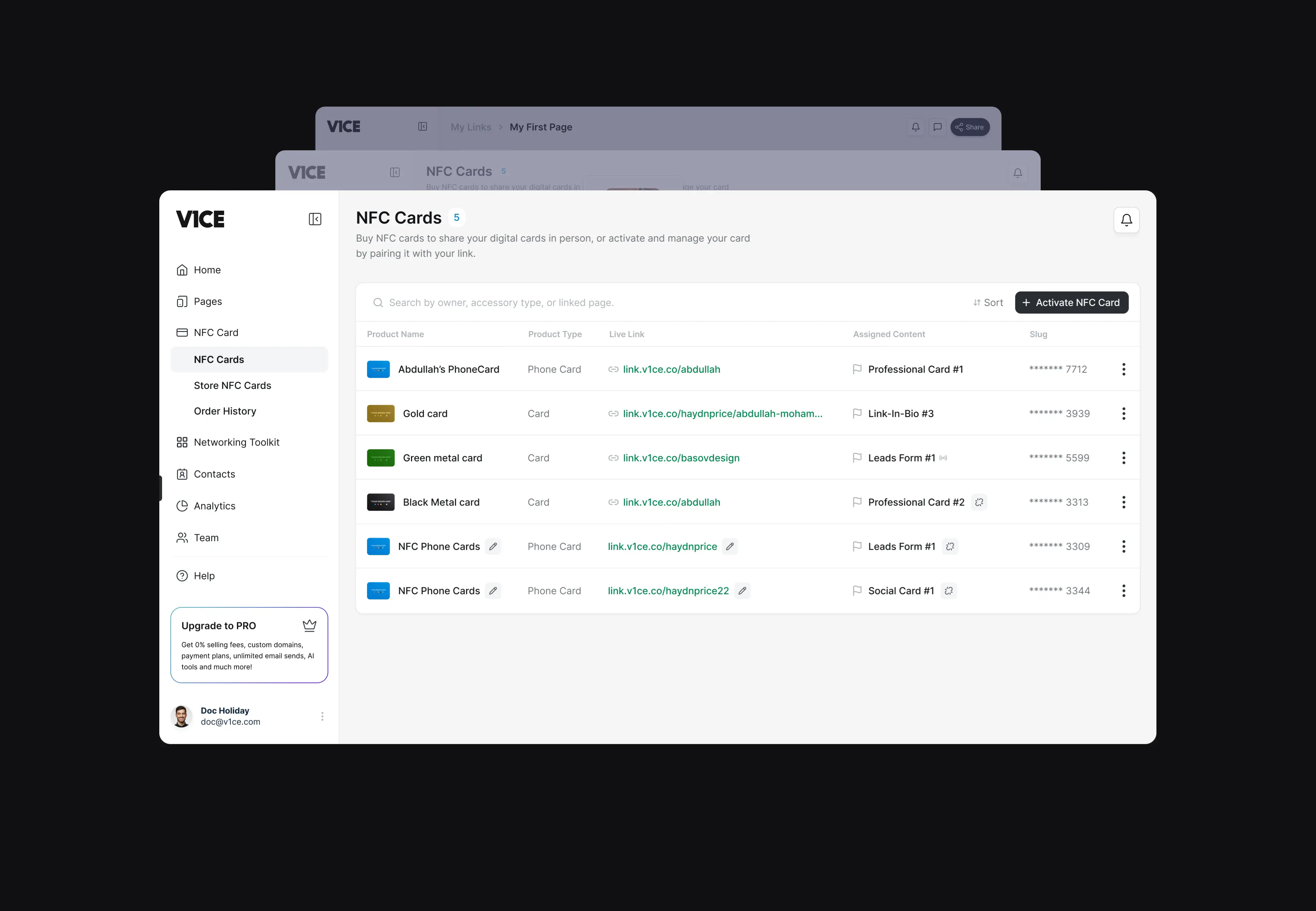NFC cards page Dashboard design for v1ce mobile app and saas design