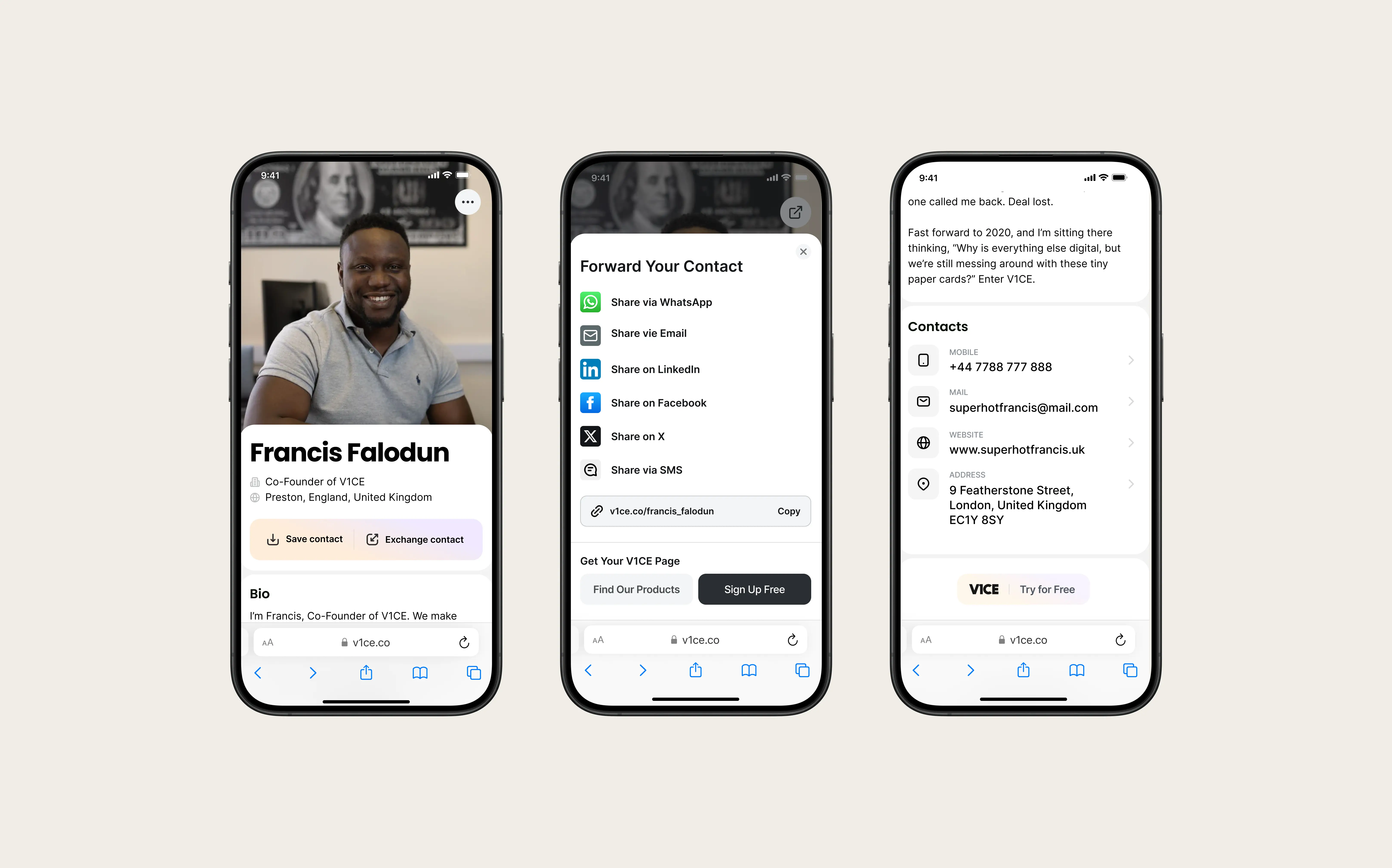 Public profile screens for V1CE mobile app and saas design
