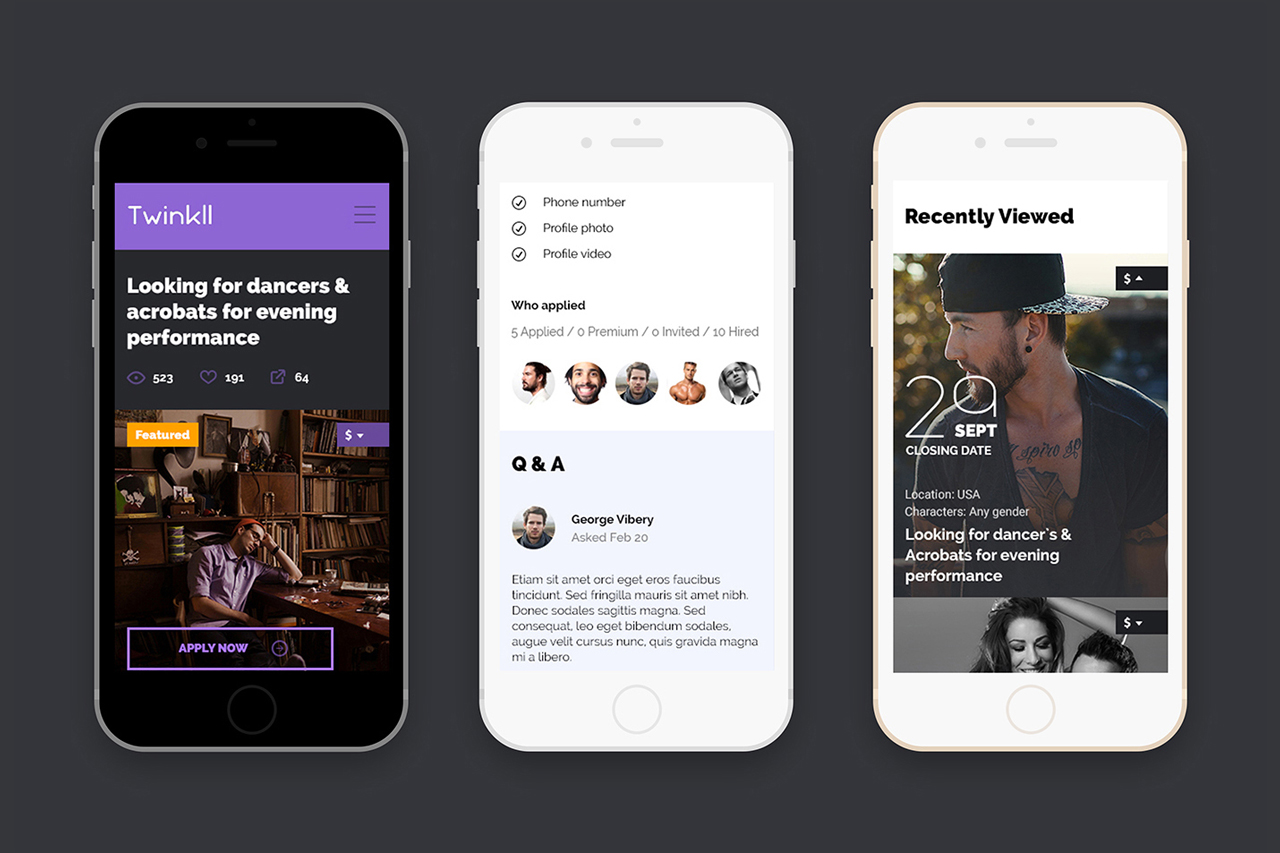 Twinkll mobile first homepage discovery social online casting audition service website by basov design