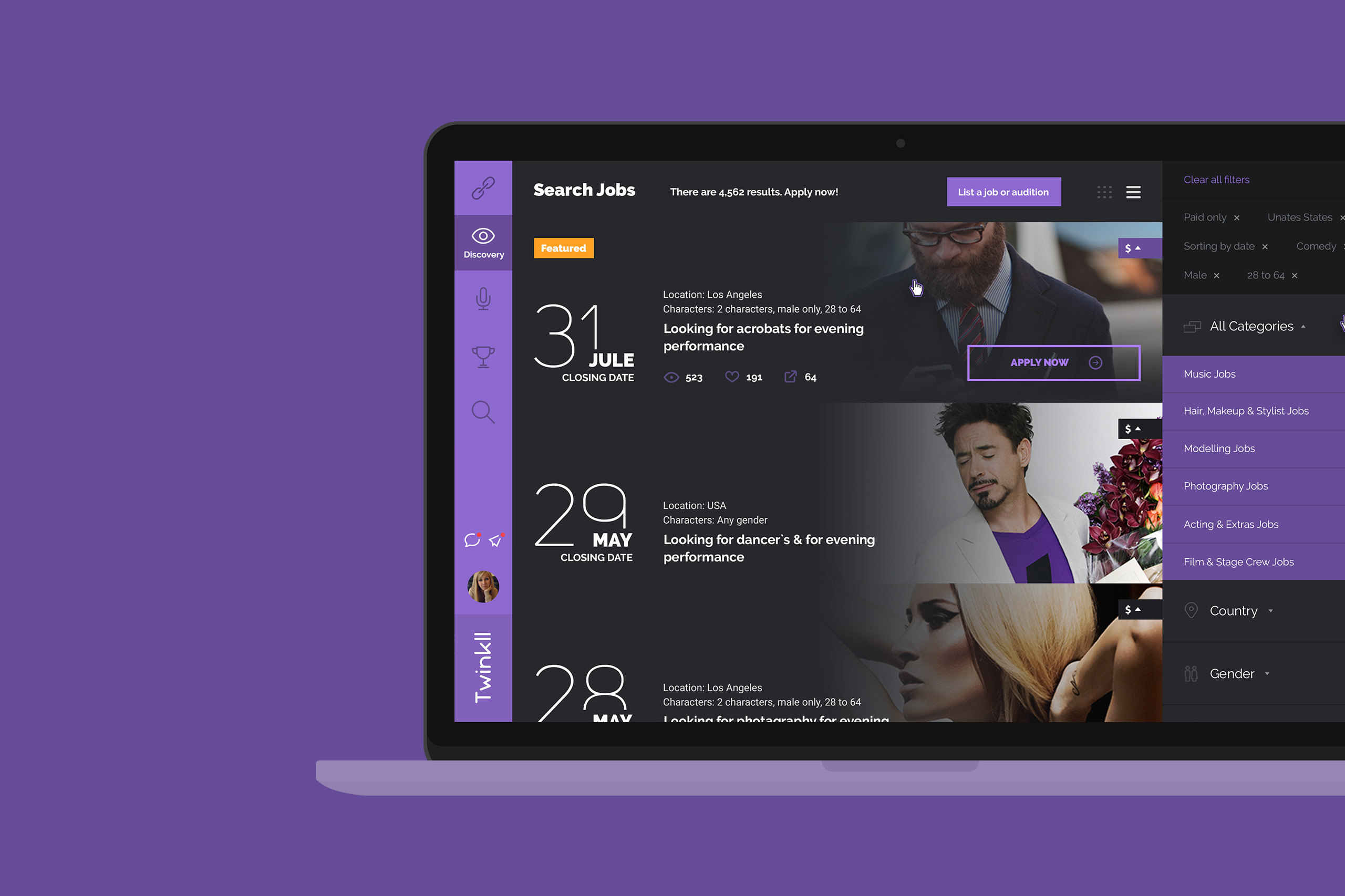 Twinkll search job discovery social online casting audition service website by basov design italy responsive model artist