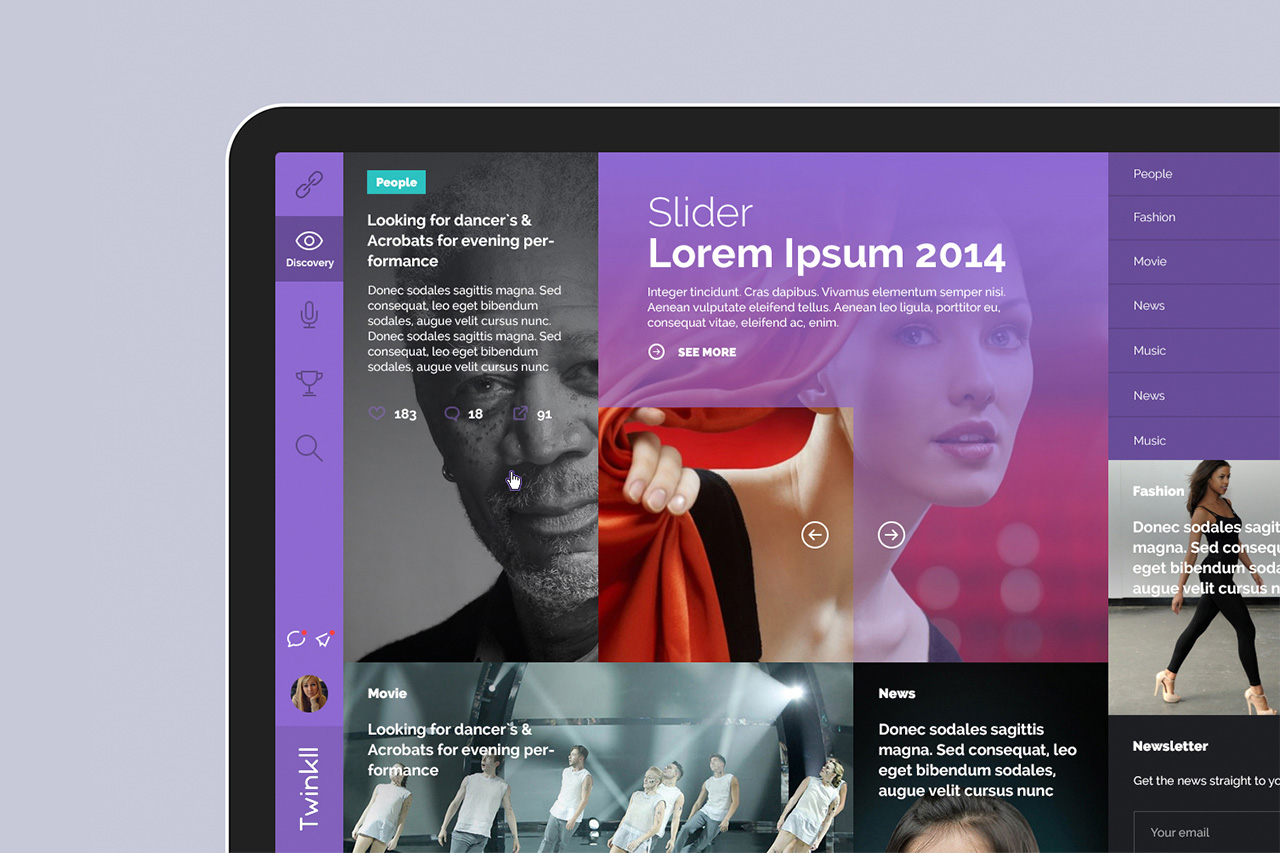 Twinkll website homepage slider featuring fashion video discovery and social online casting services by Basov