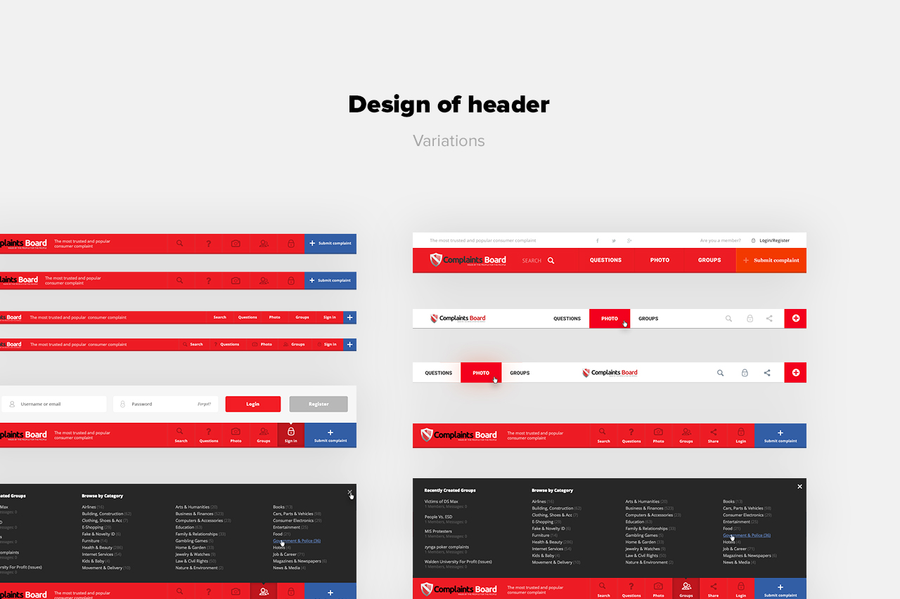 design of header variations for Complaints Board the most trusted and popular consumer complaints website