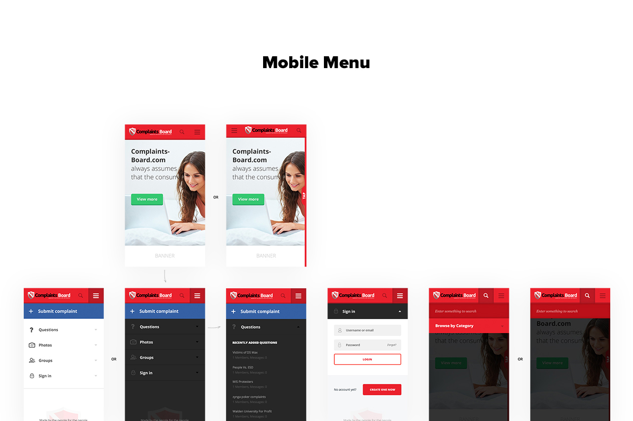 Mobile menu design Complaintsboard website by basov design