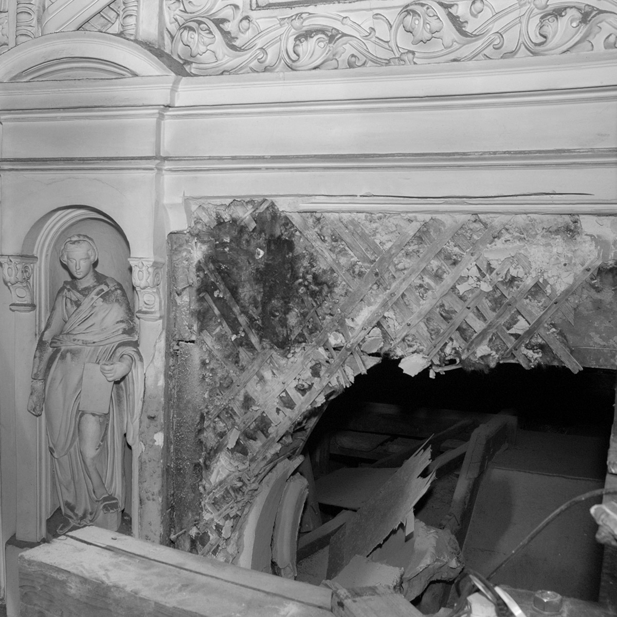 Dilapidated interior undergoing restoration work
