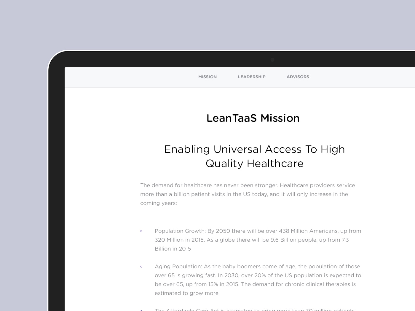 LeanTaaS Mission page for Healthcare AI Website