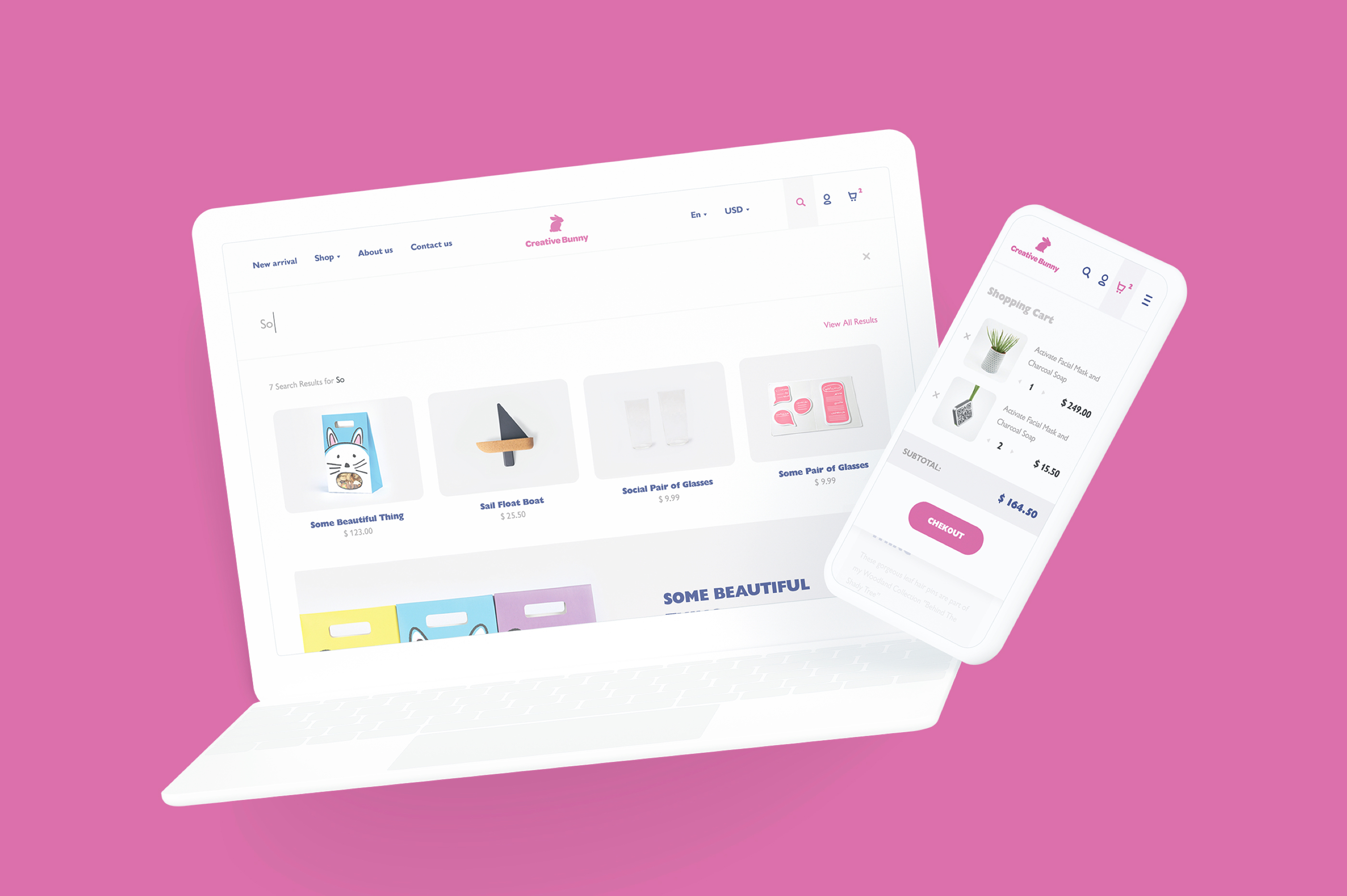 E-commerce creative bunny website on laptop and mobile