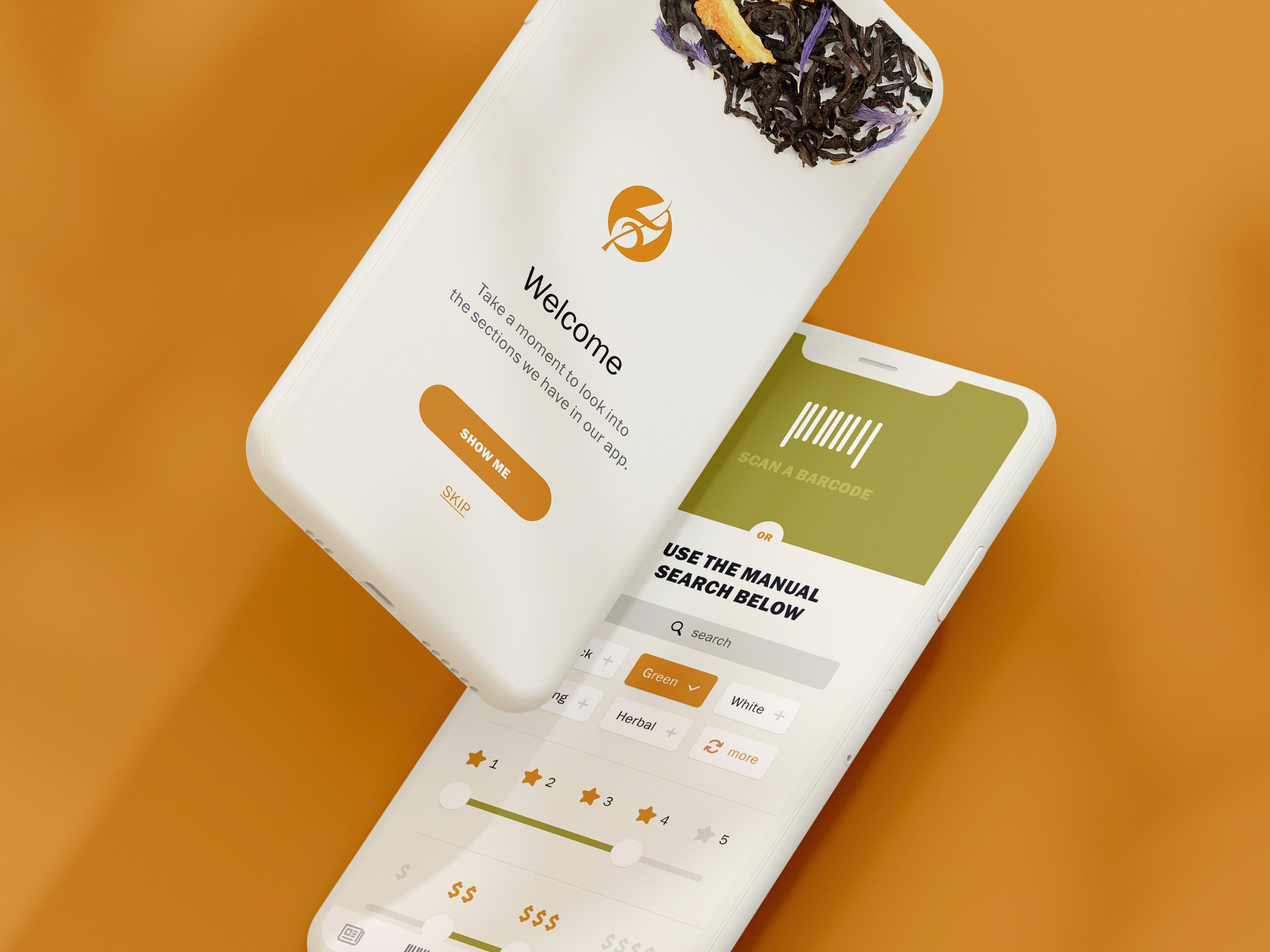 Tea mobile app interface on orange background