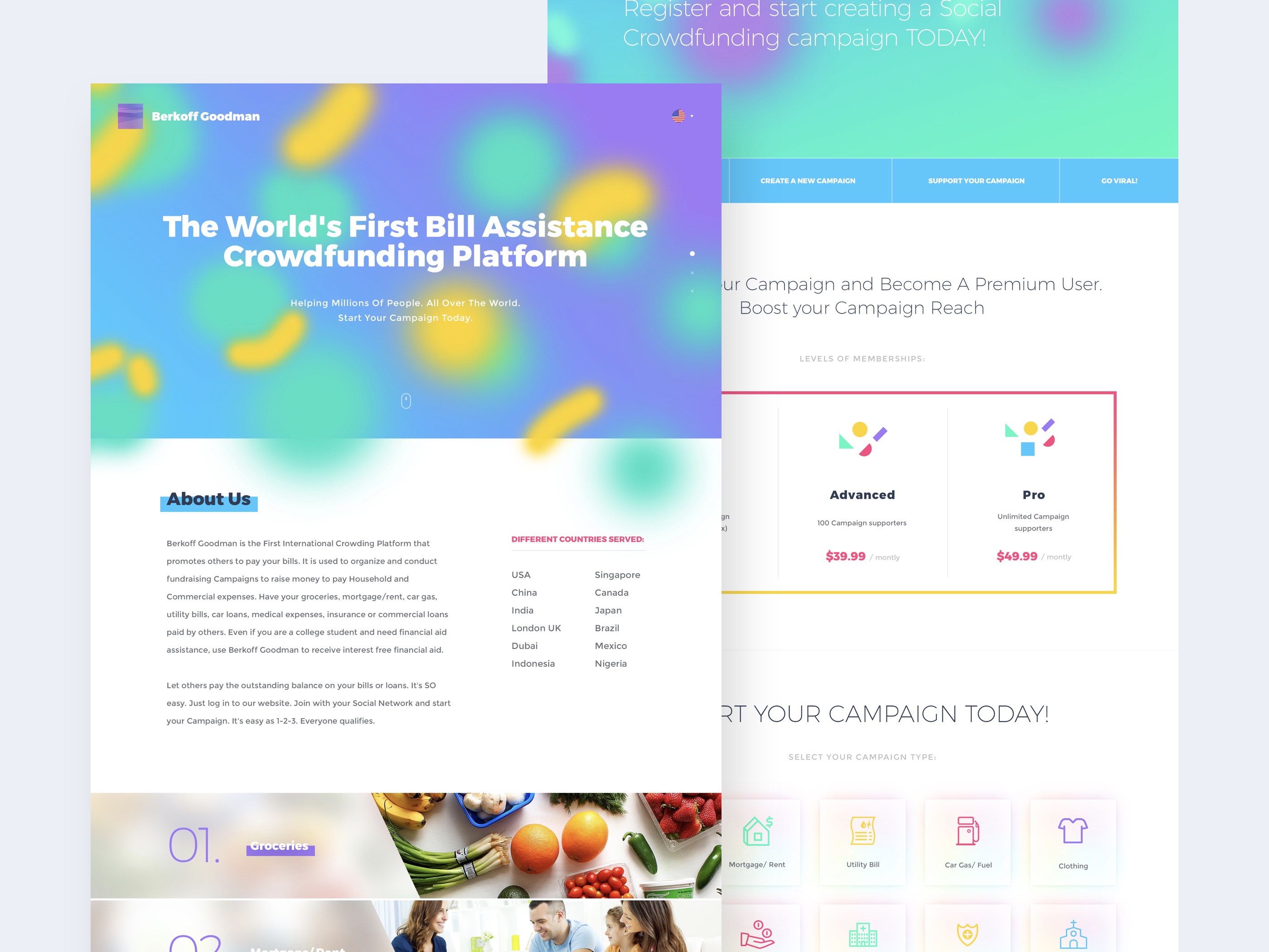Colorful crowdfunding platform homepage design.