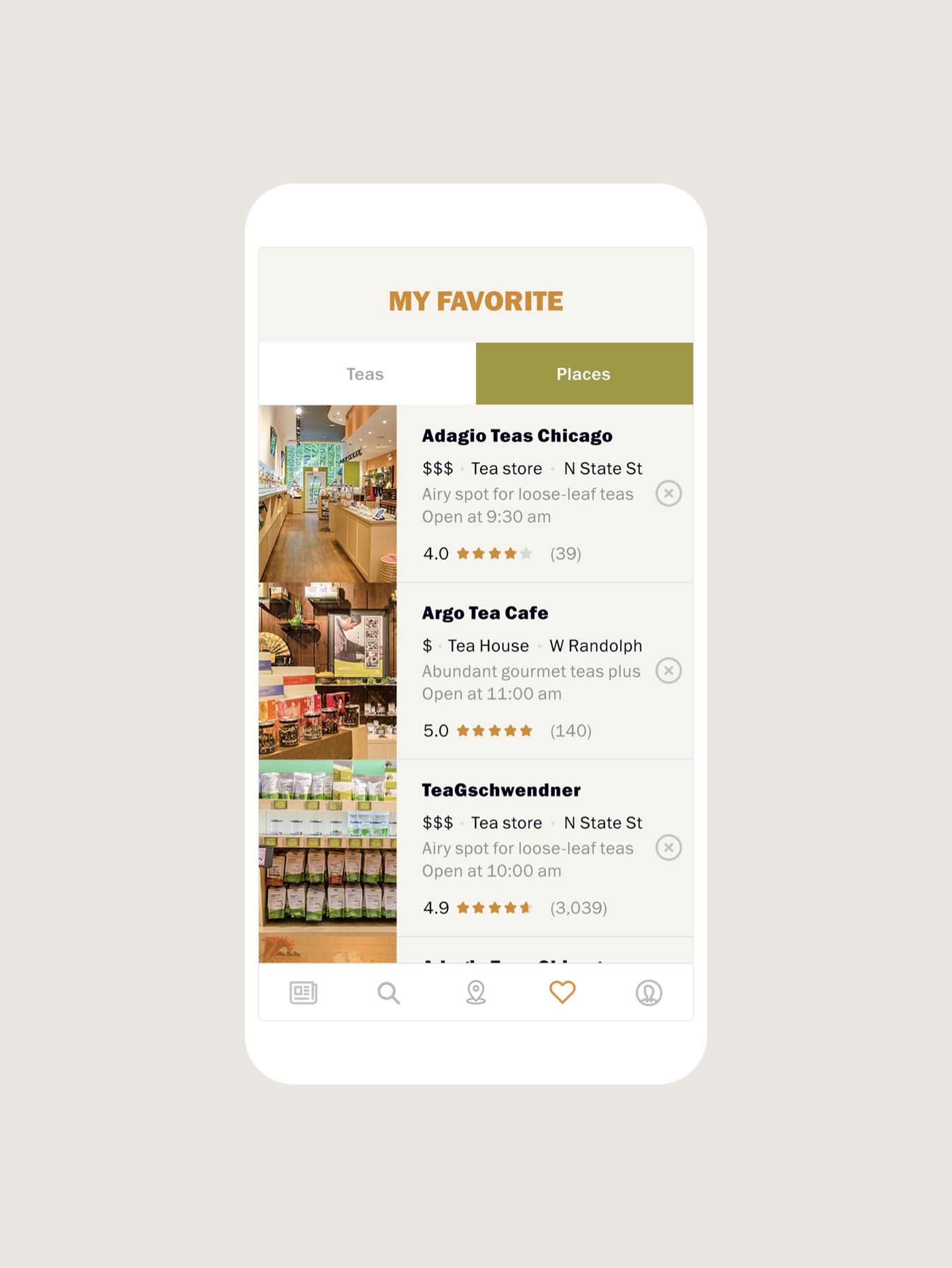 Mobile app listing for tea places
