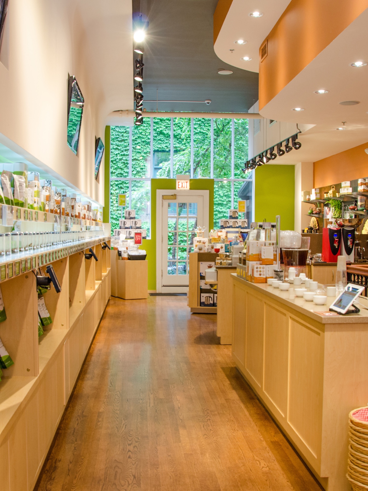 Bright tea shop with wooden decor