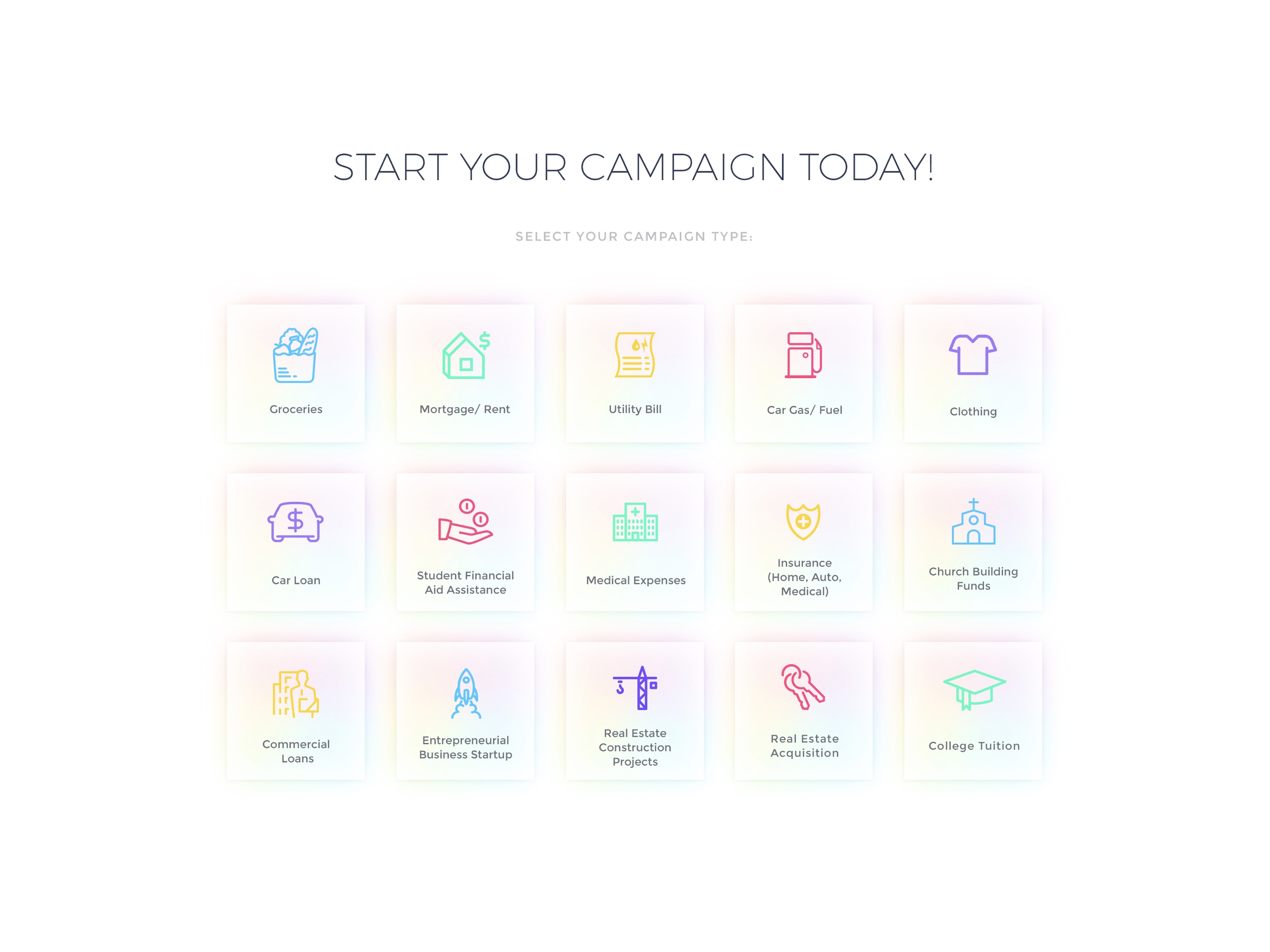Campaign types for financial assistance options. Icons design
