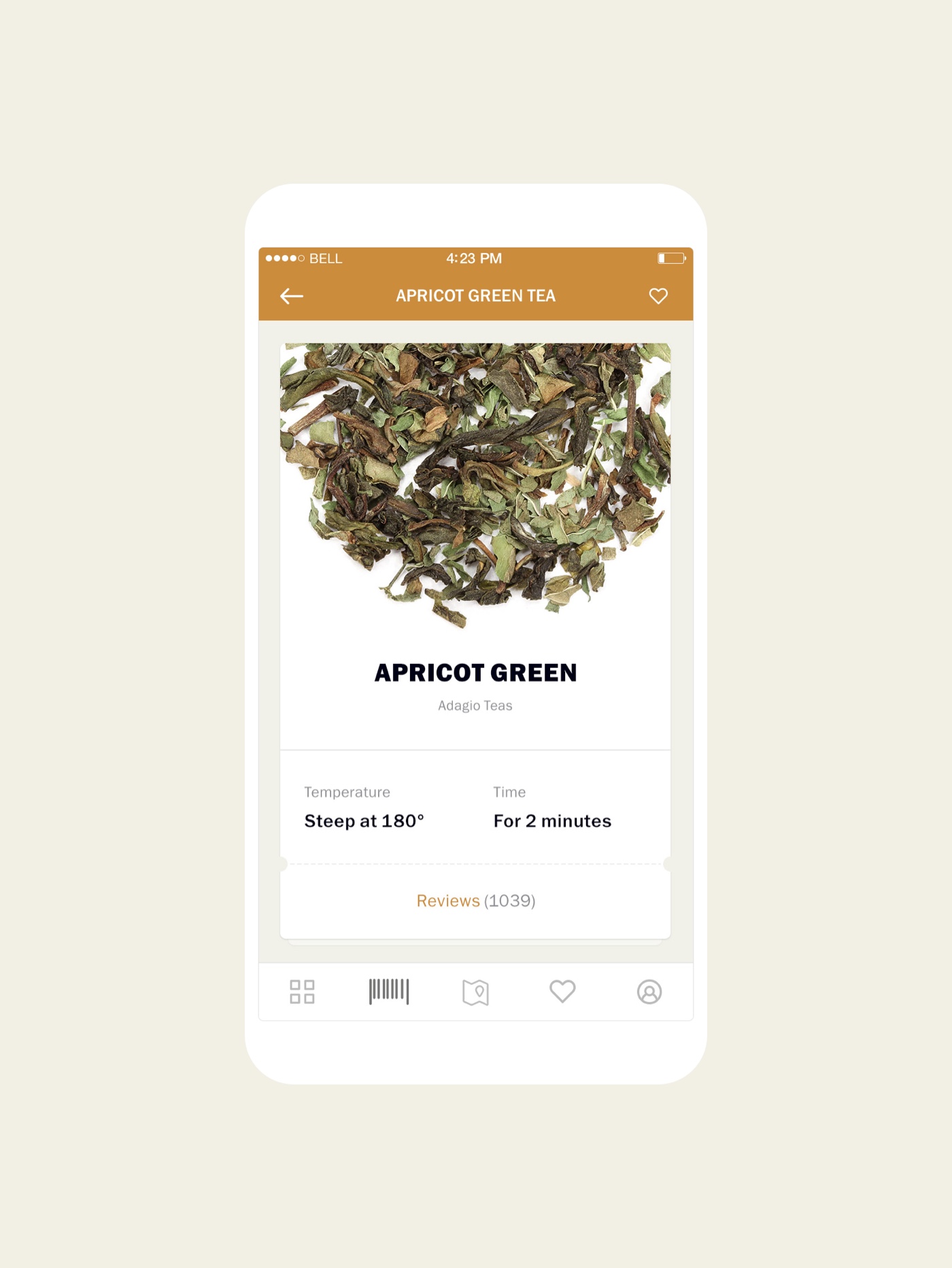 Mobile app displaying apricot green tea