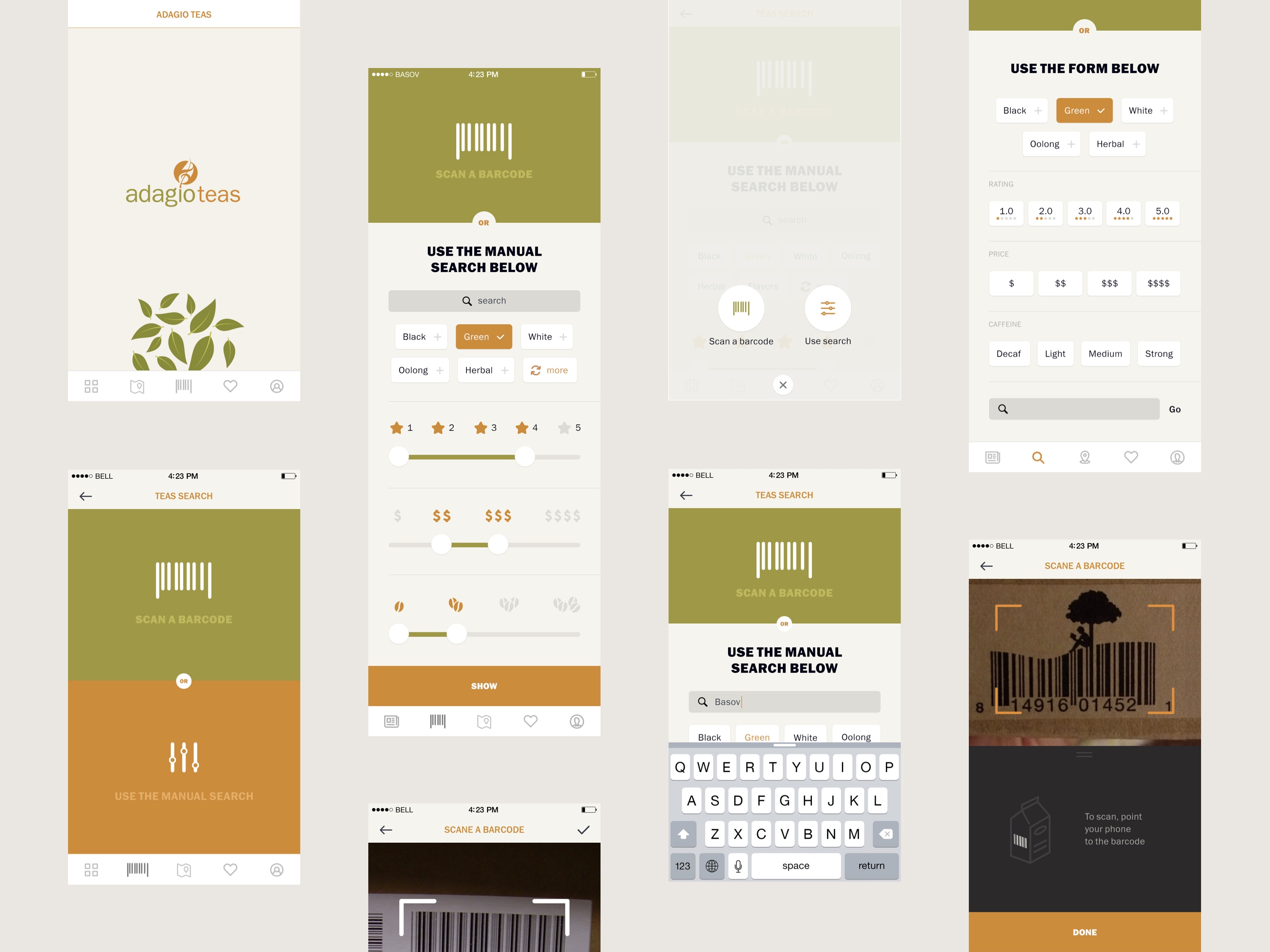 AdagioTeas app interface screens