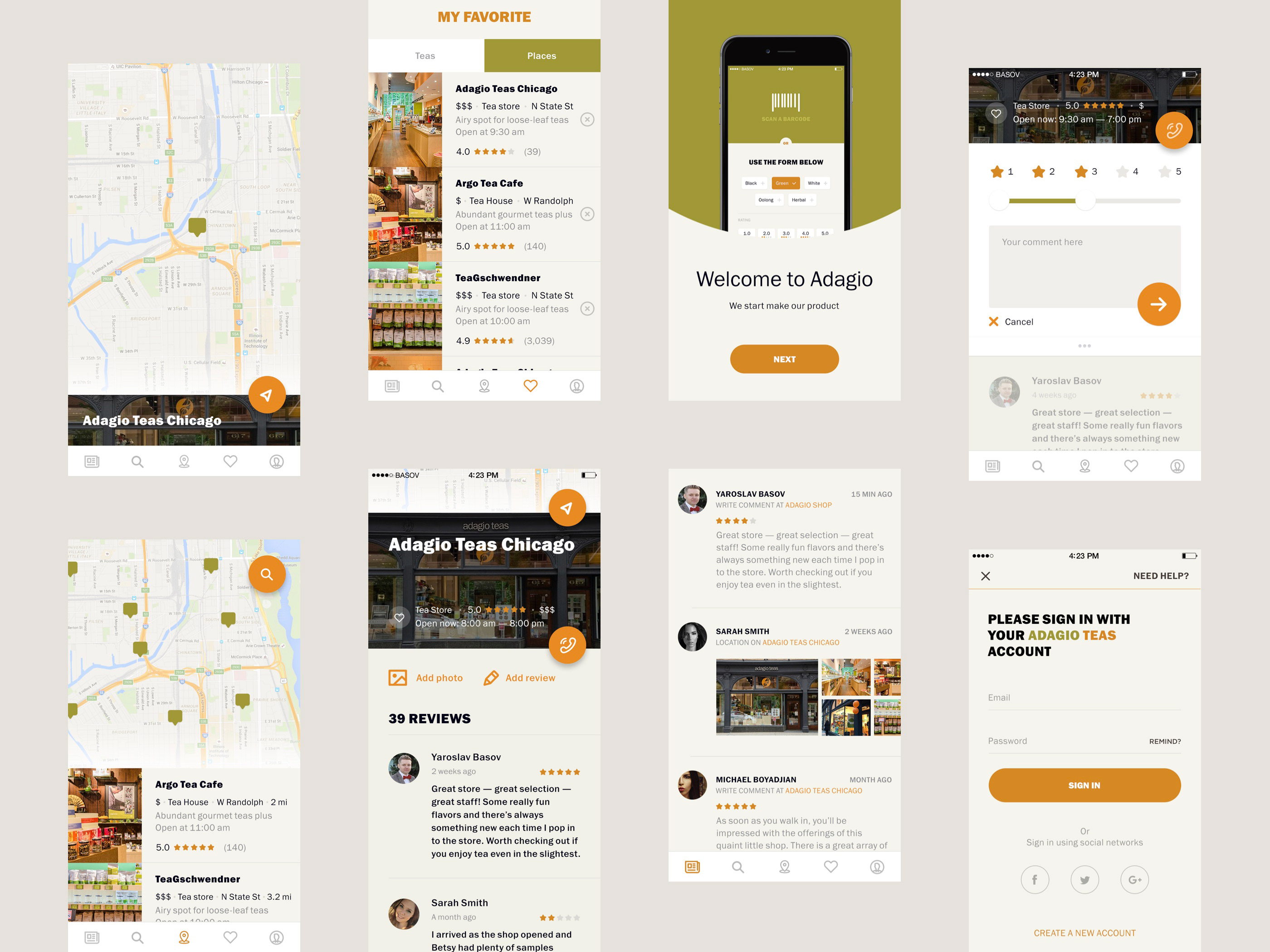 Tea app interface with reviews and map