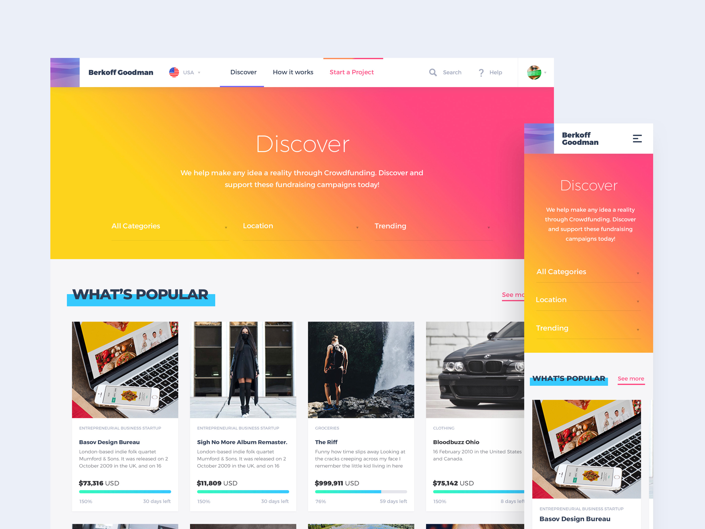 Colorful crowdfunding project discovery interface