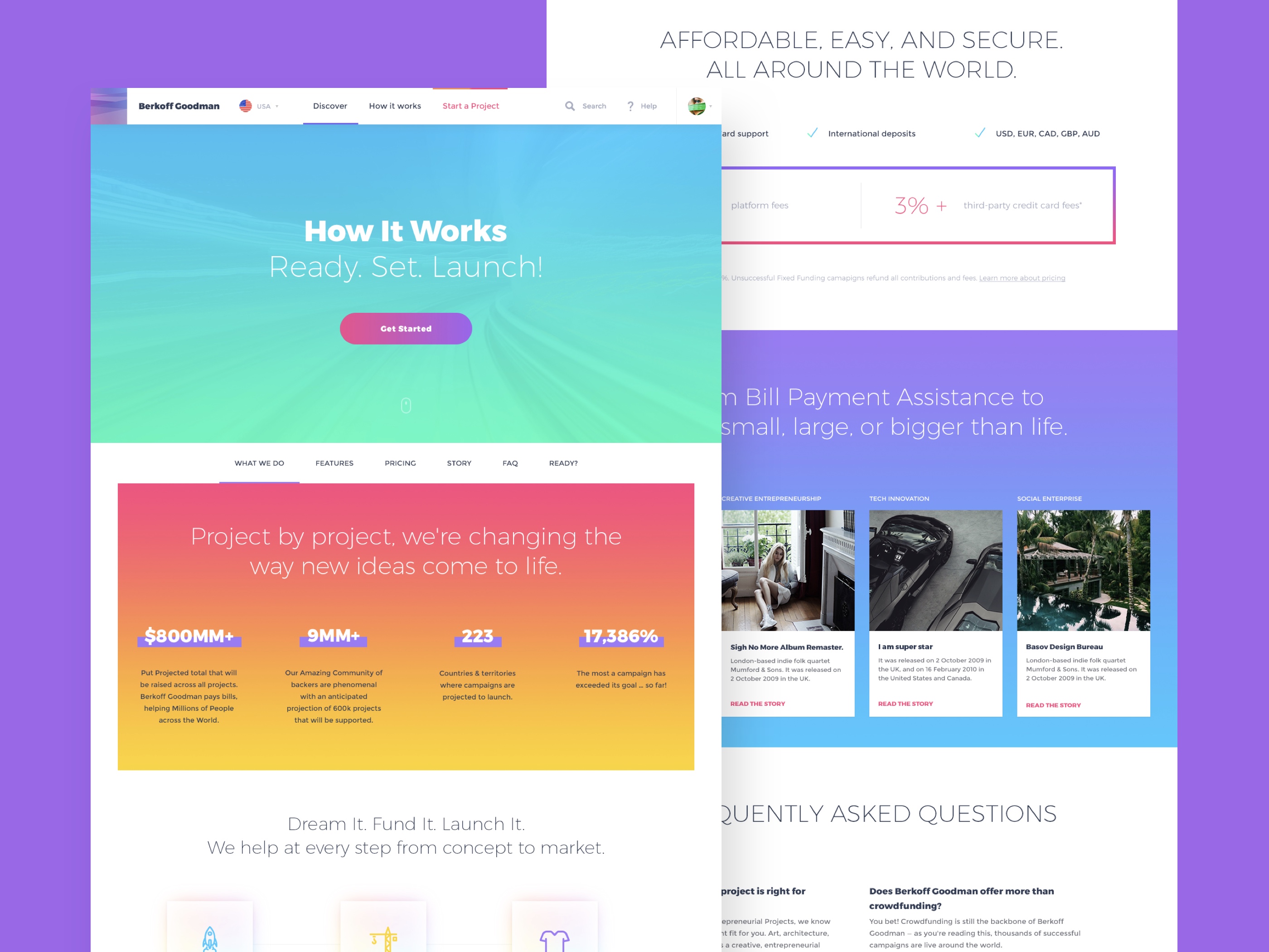 Colorful website layout explaining project funding