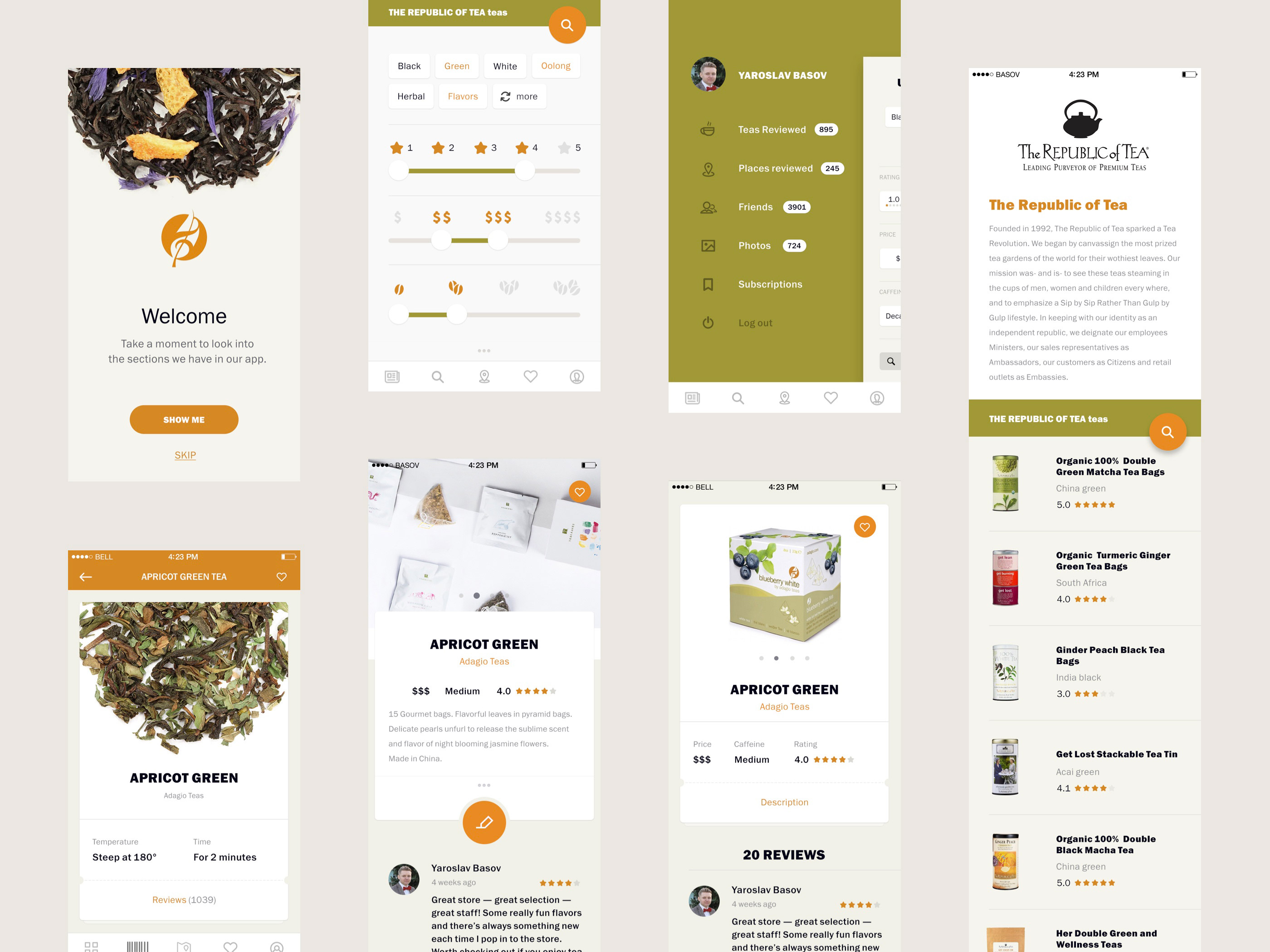 AdagioTeas app interface with product listings.
