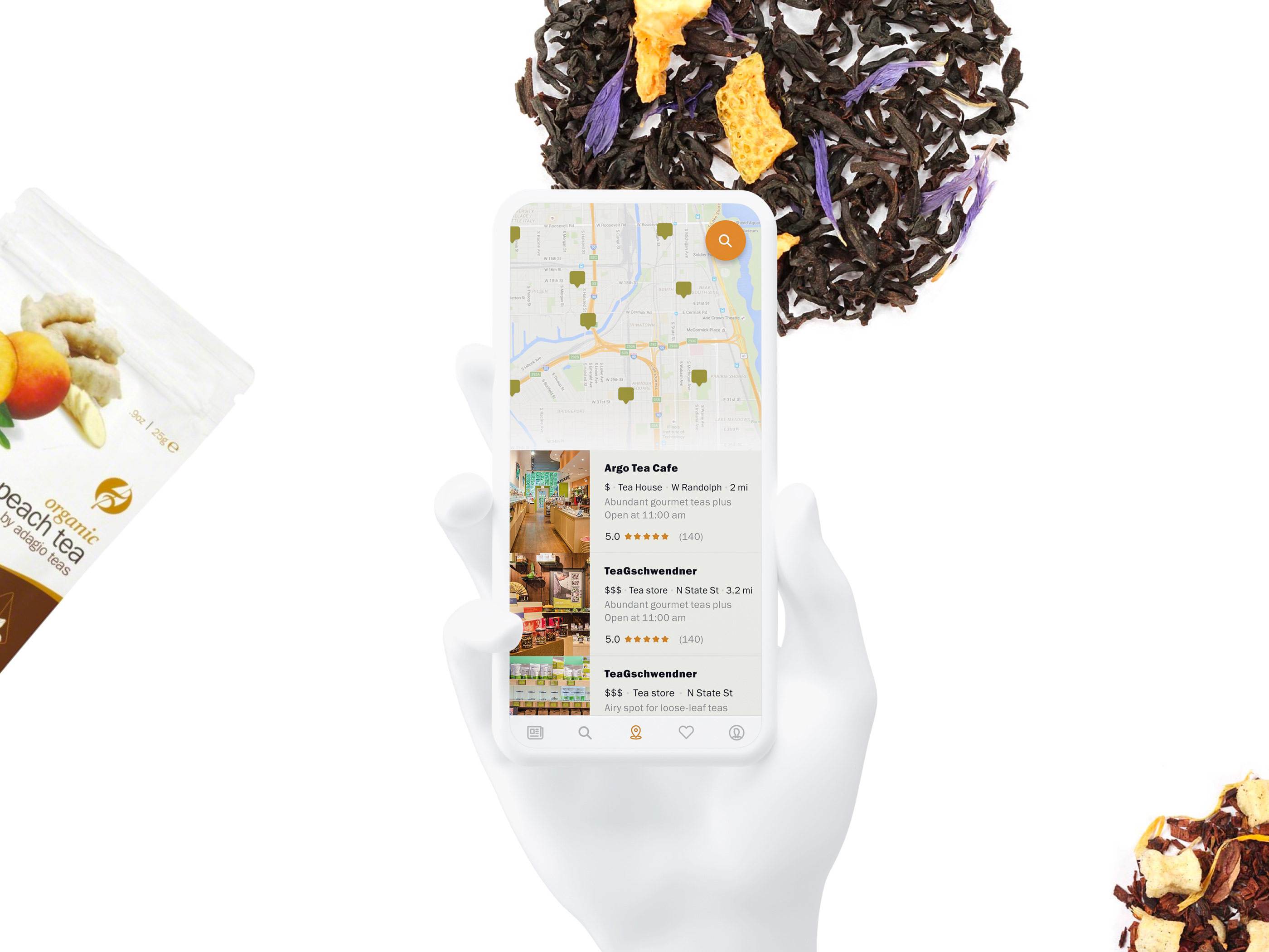 Teamap Mobile app displaying tea locations.