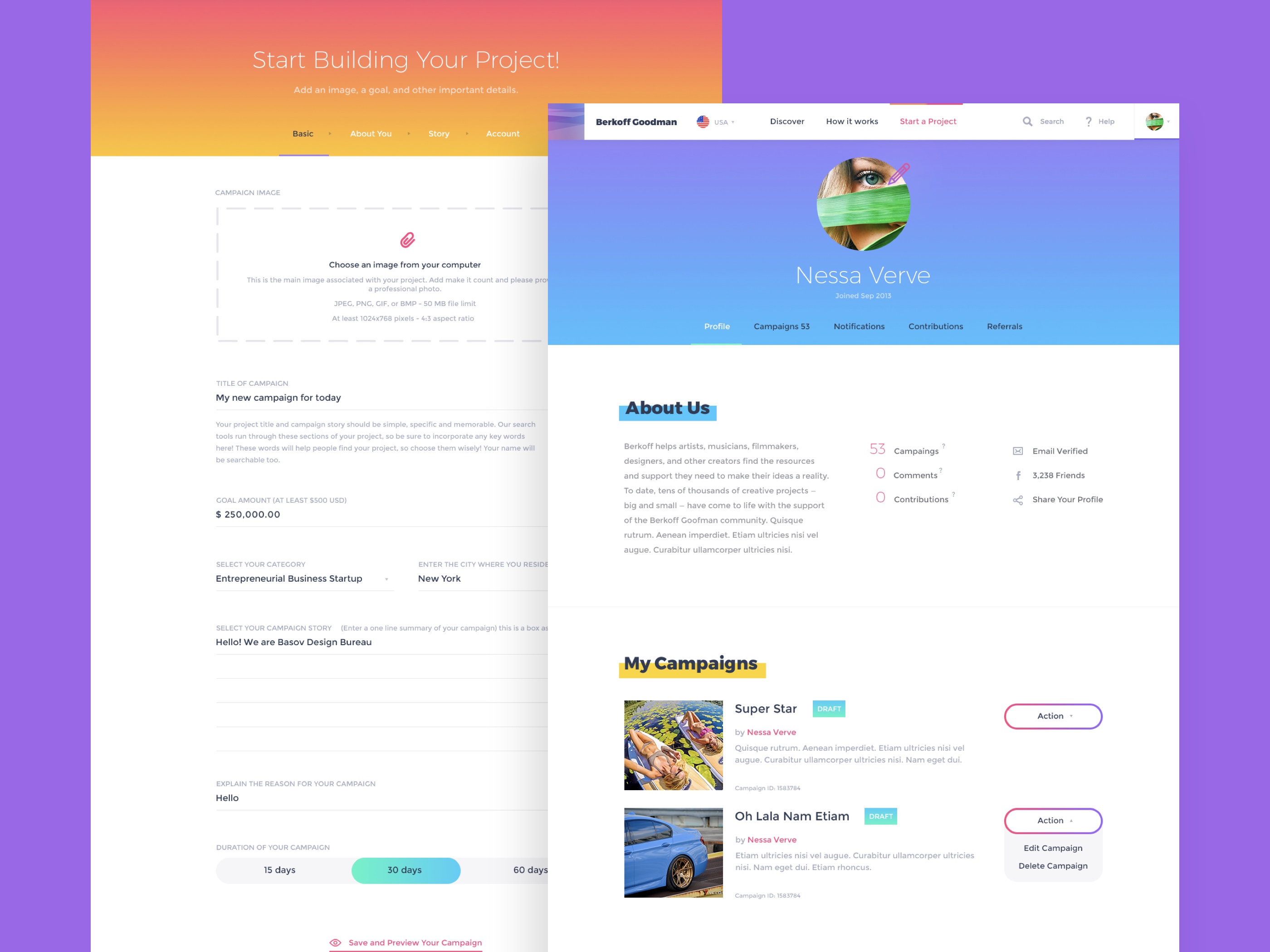 Campaign creation interface with user profiles
