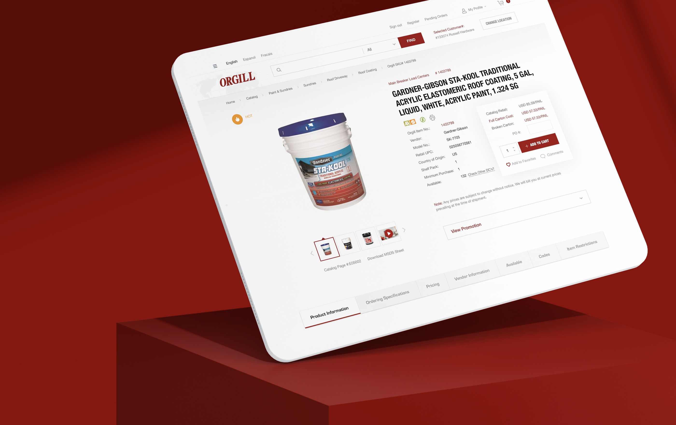 Product page for paint on tablet