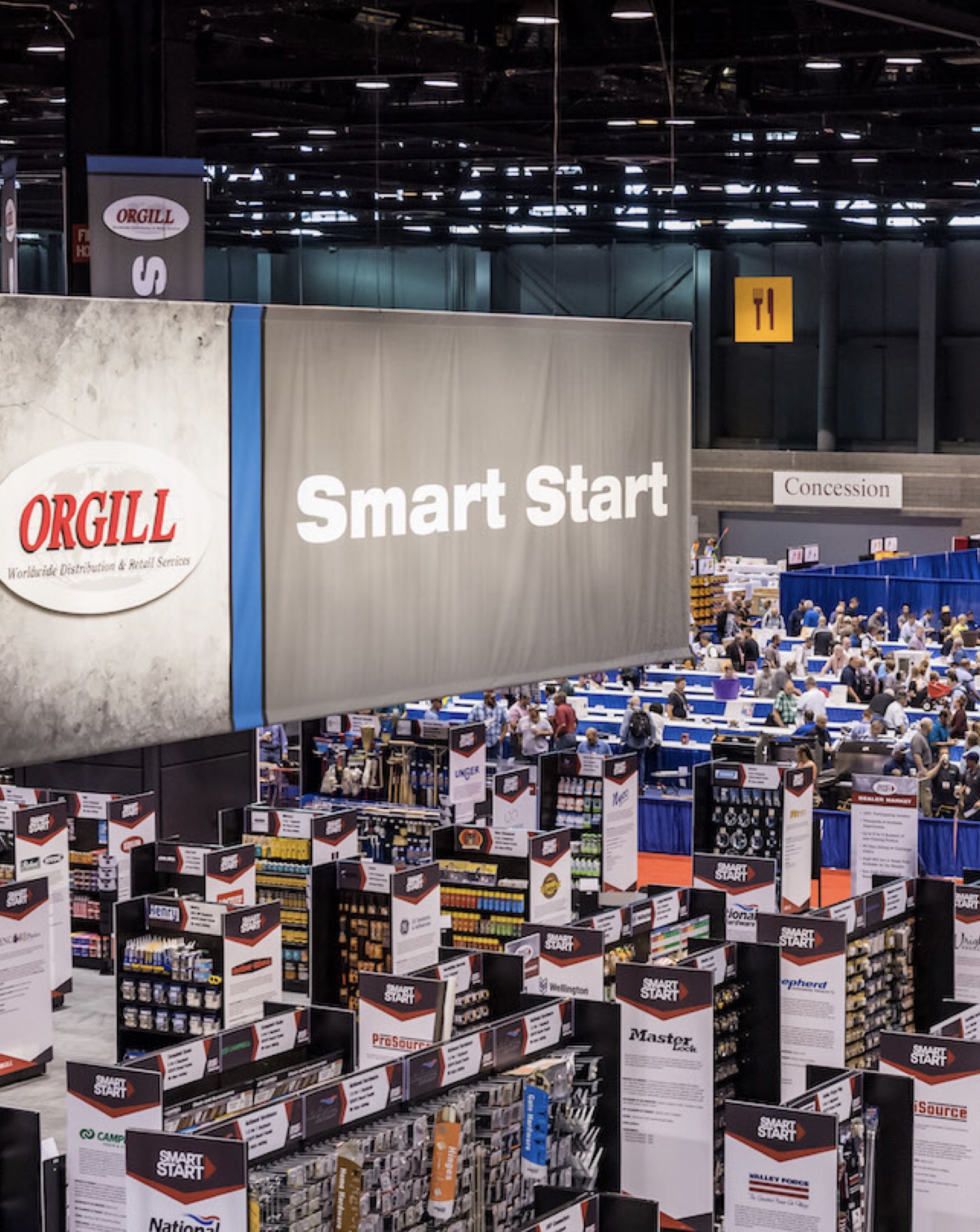Trade show booth with product displays