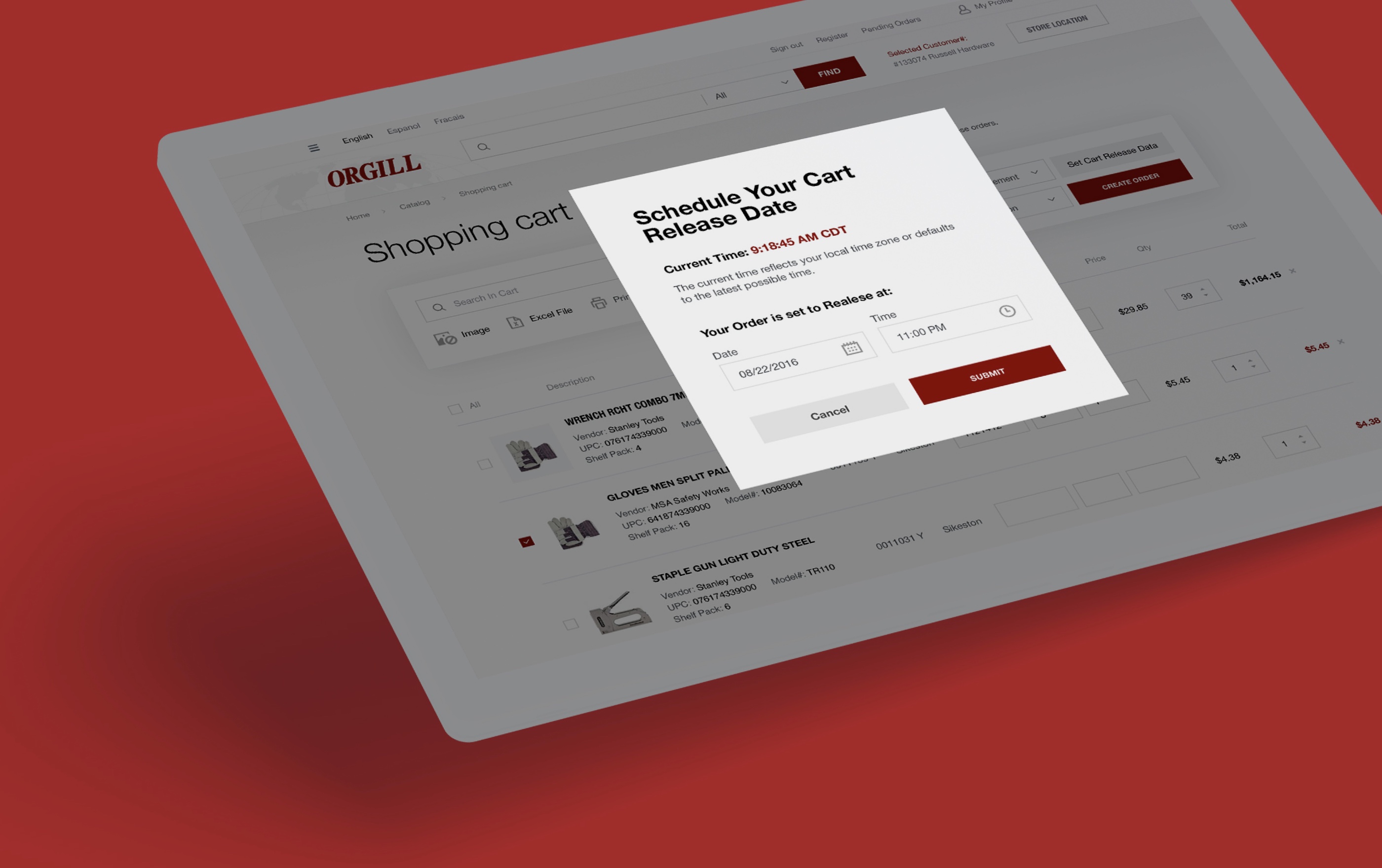 Cart scheduling interface on red background