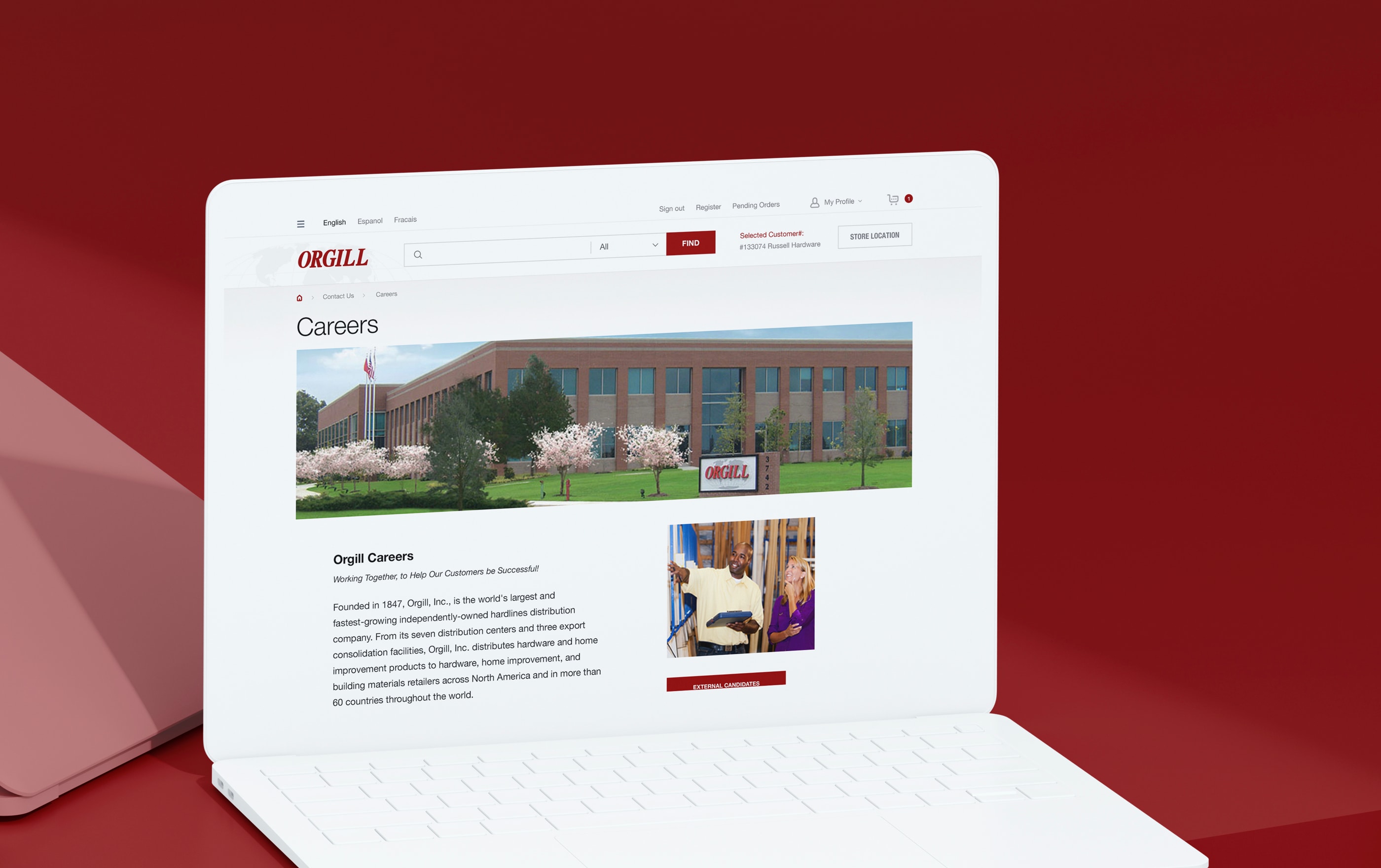 Orgill careers website on laptop screen.