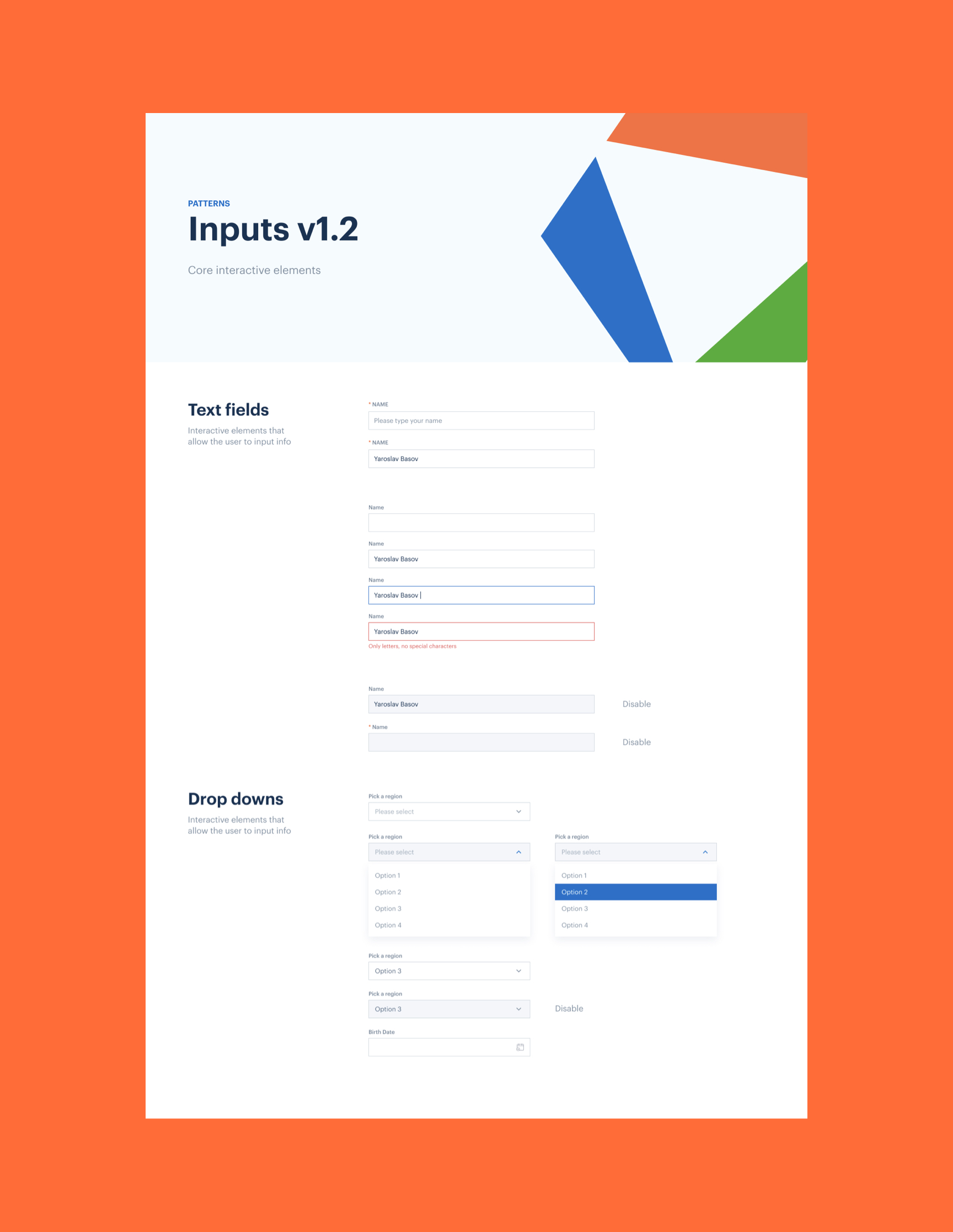 Colorful input fields and dropdowns layout