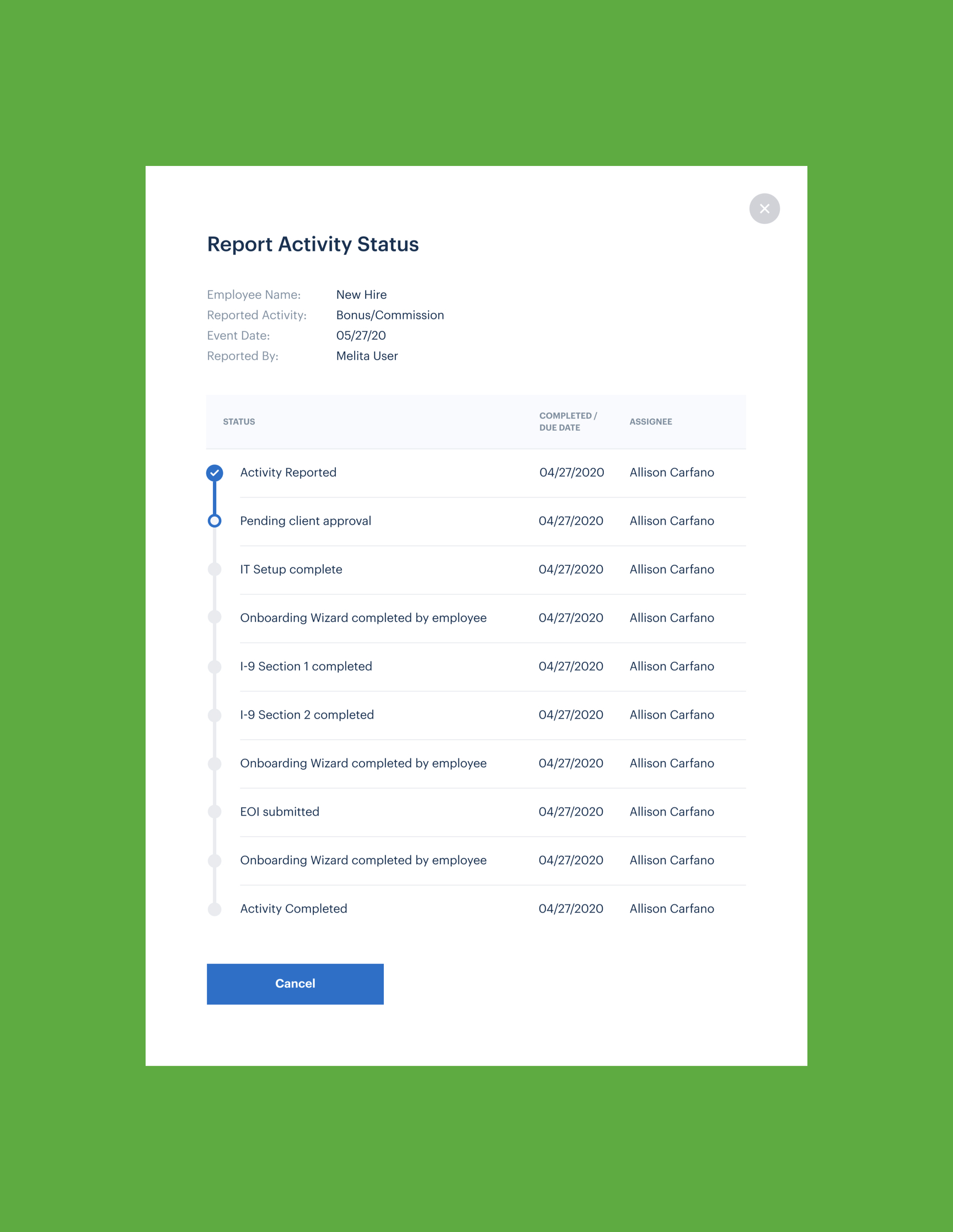 Onboarding activity status report interface