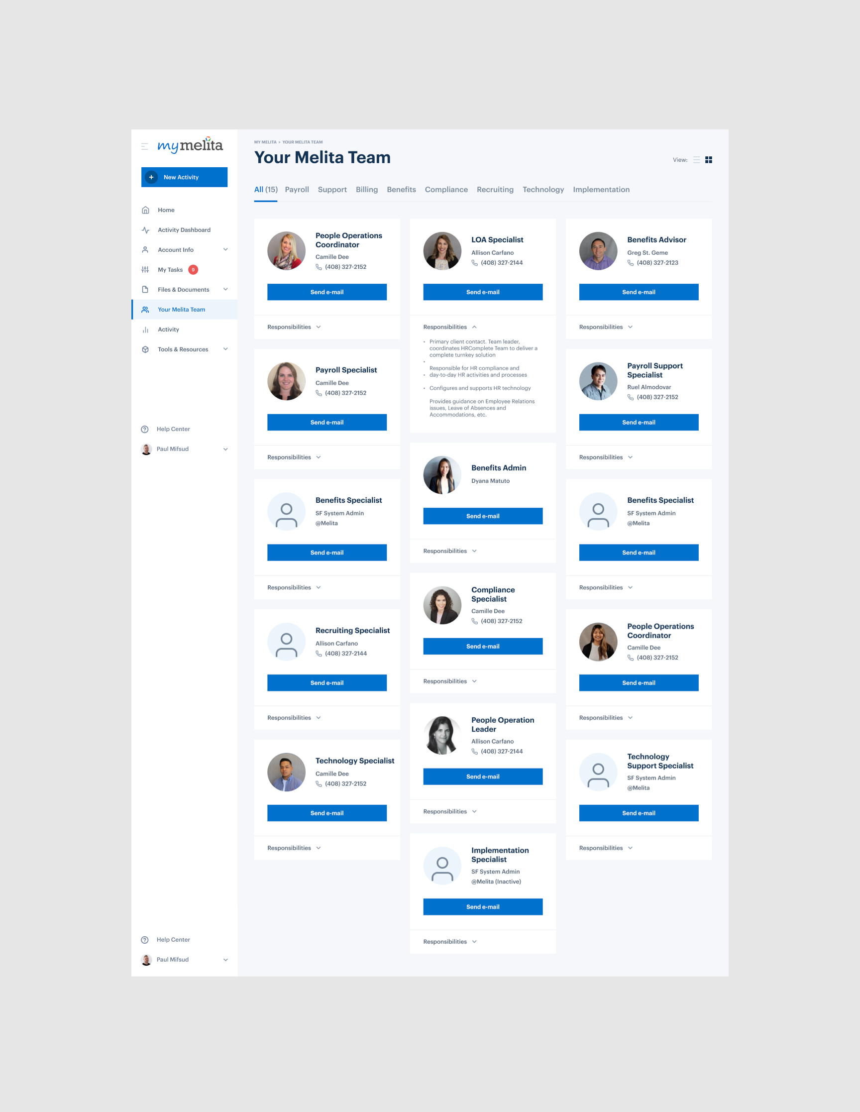 Team members with roles and contact information.