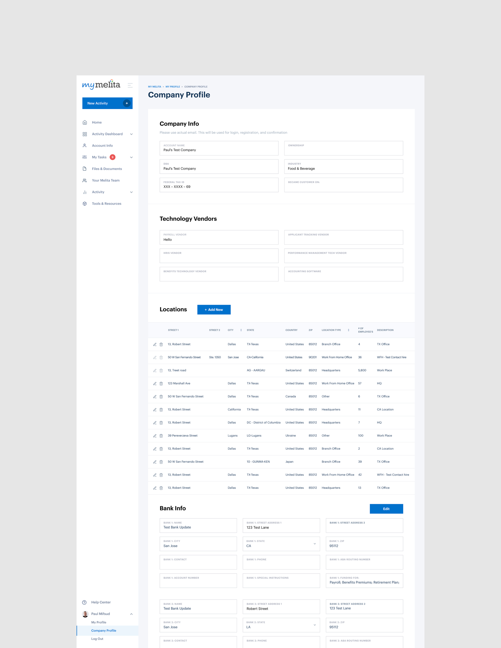 Company profile dashboard with vendor details