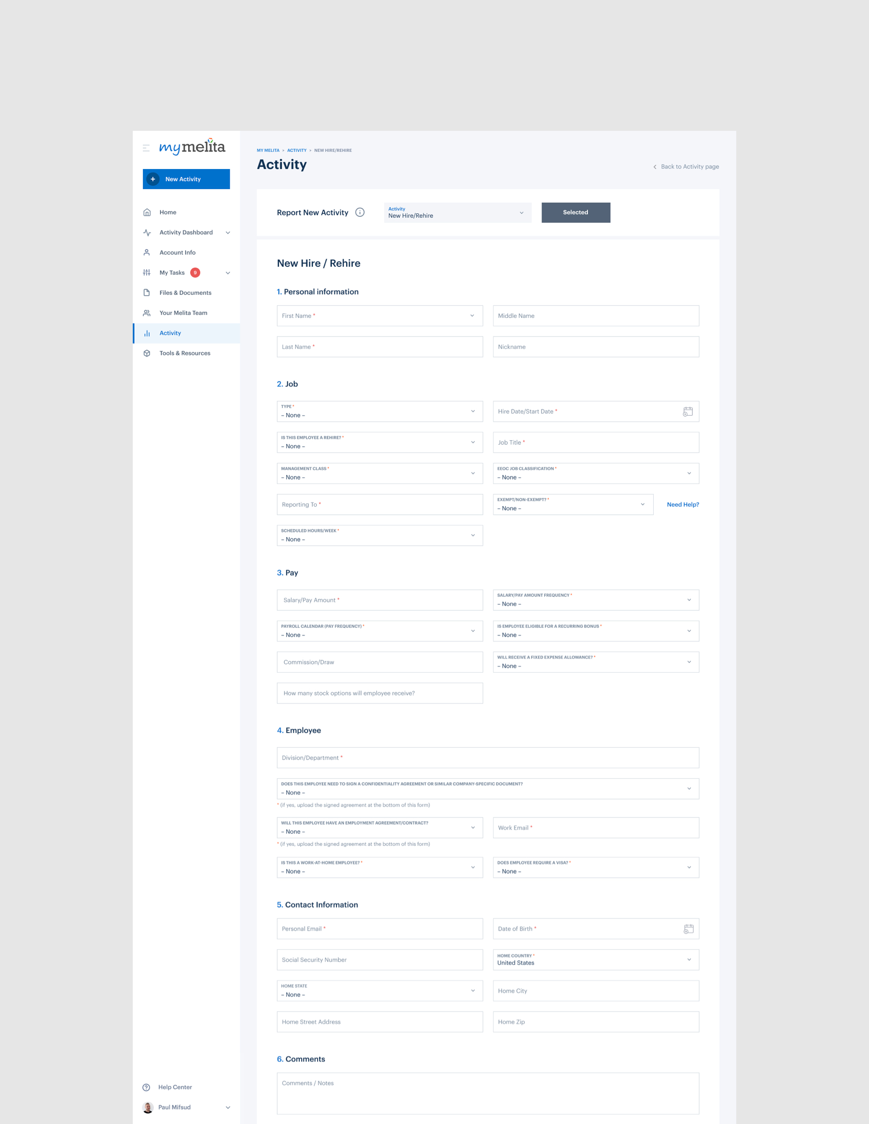 HR activity form with multiple fields