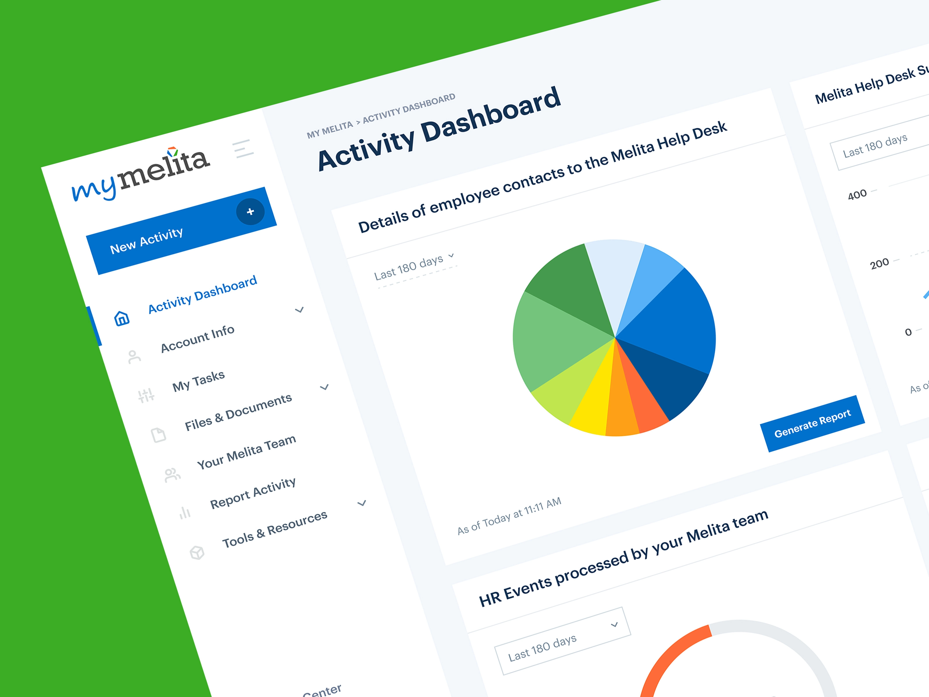 Colorful pie chart and dashboard interface