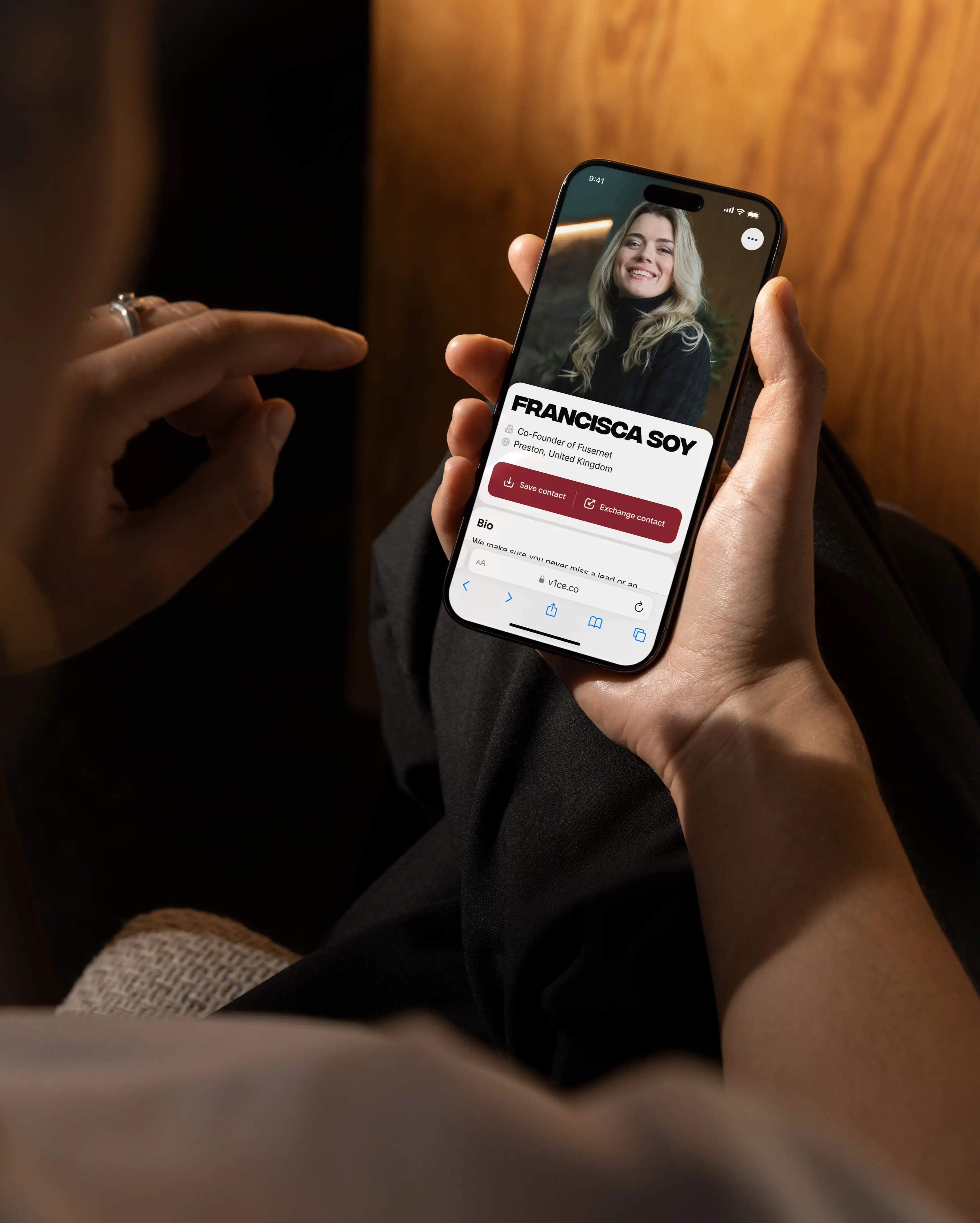 Design of a mobile user profile on a mobile phone in a woman's hands _ V1CE Client Conversion Platform