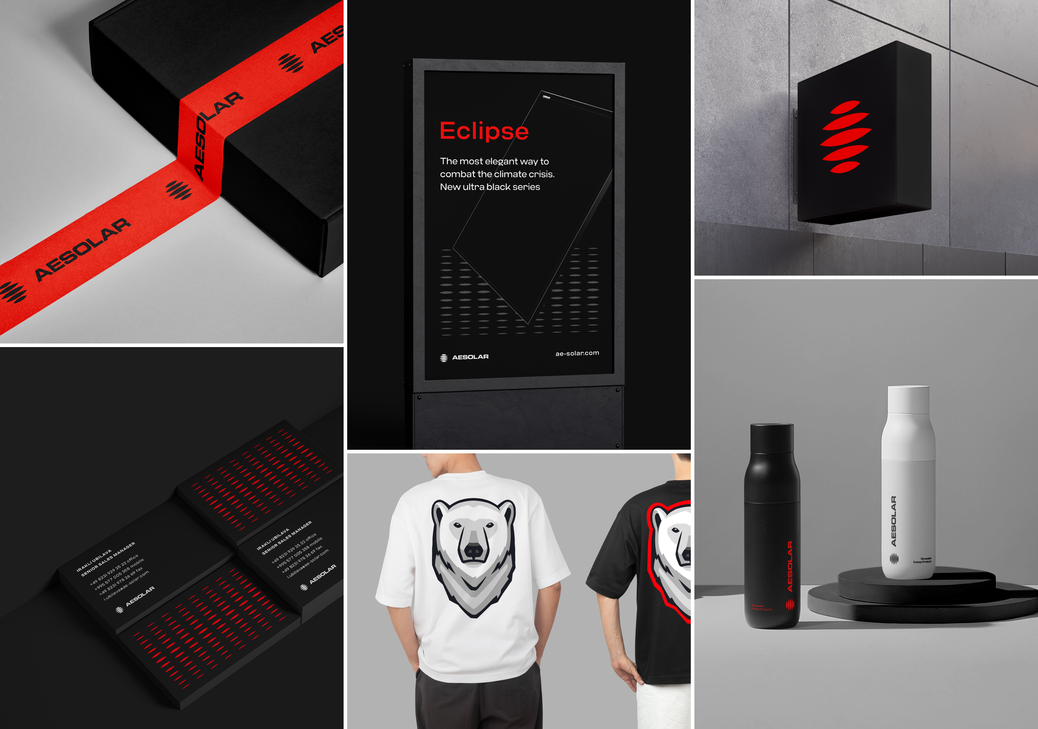Box, t-shirt, bottle, business cards design for AE Solar Renewable energy company