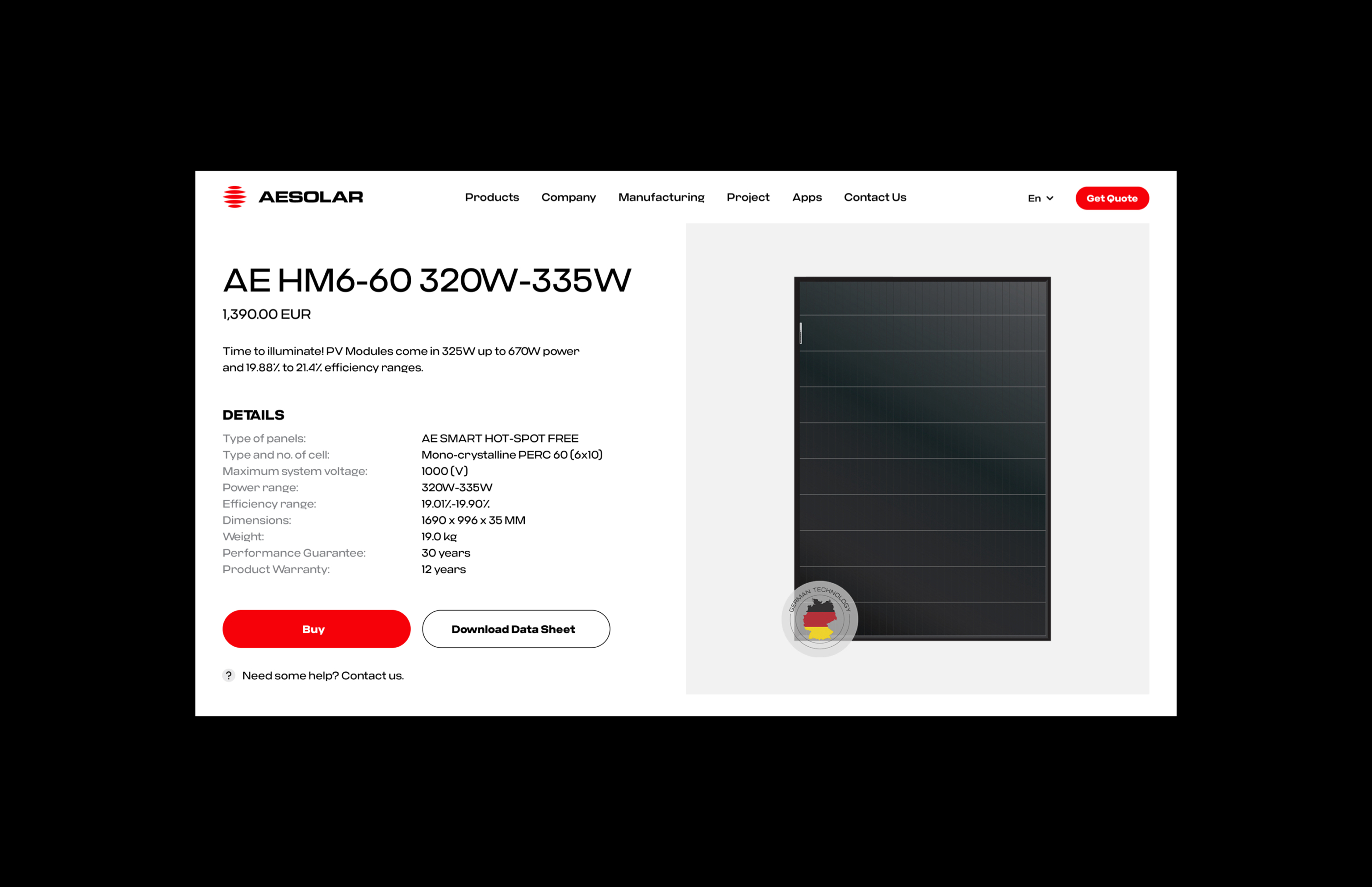 Product page, solar panel for AE Solar Renewable energy company website