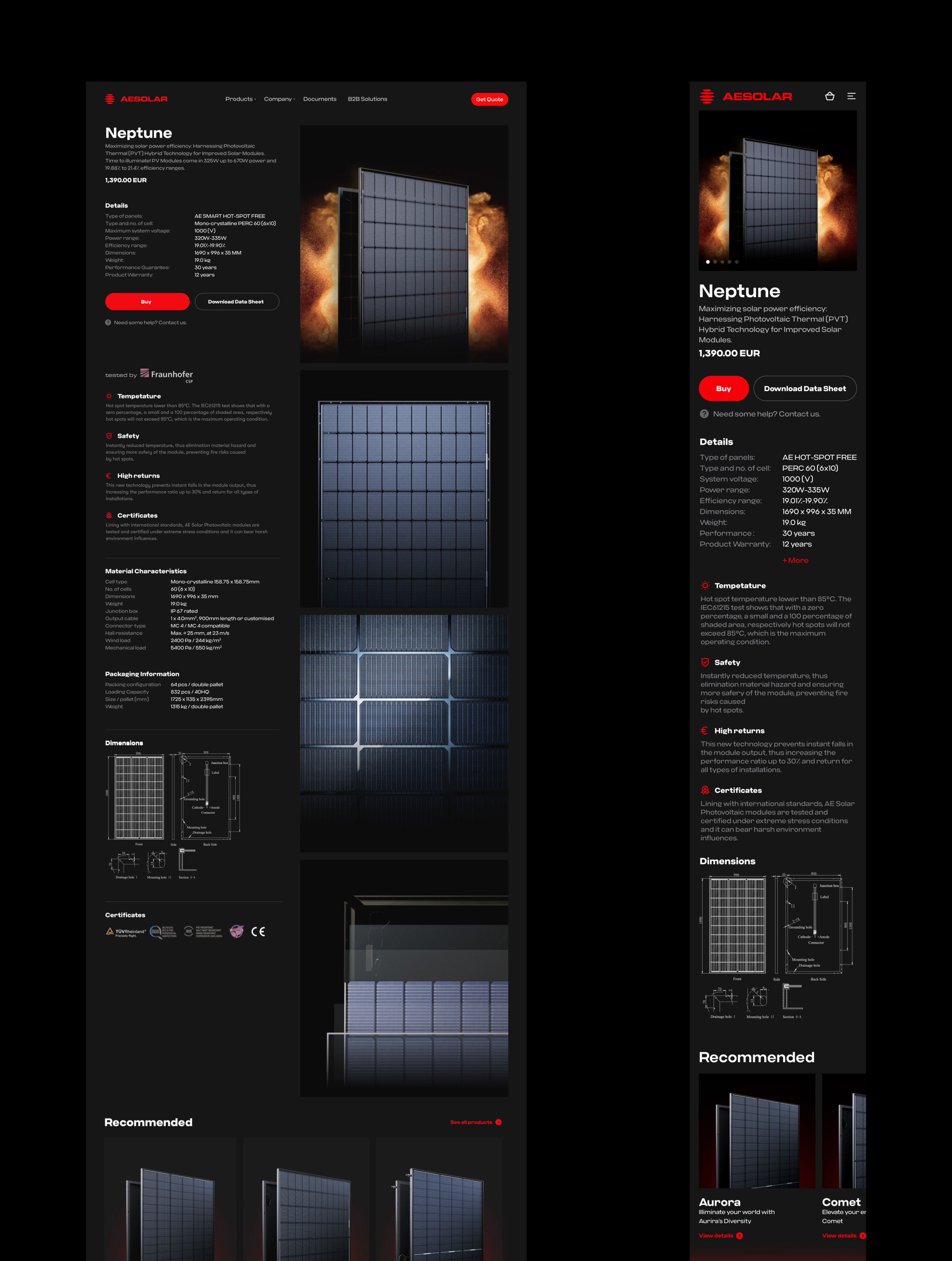 dark version product page for AE Solar Renewable energy company website