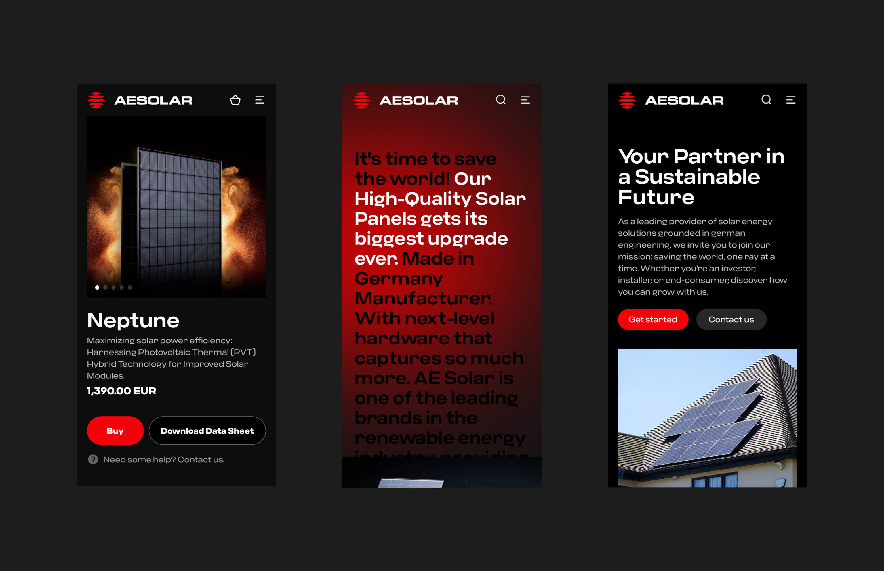 dark version mobile screens for AE Solar Renewable energy company website