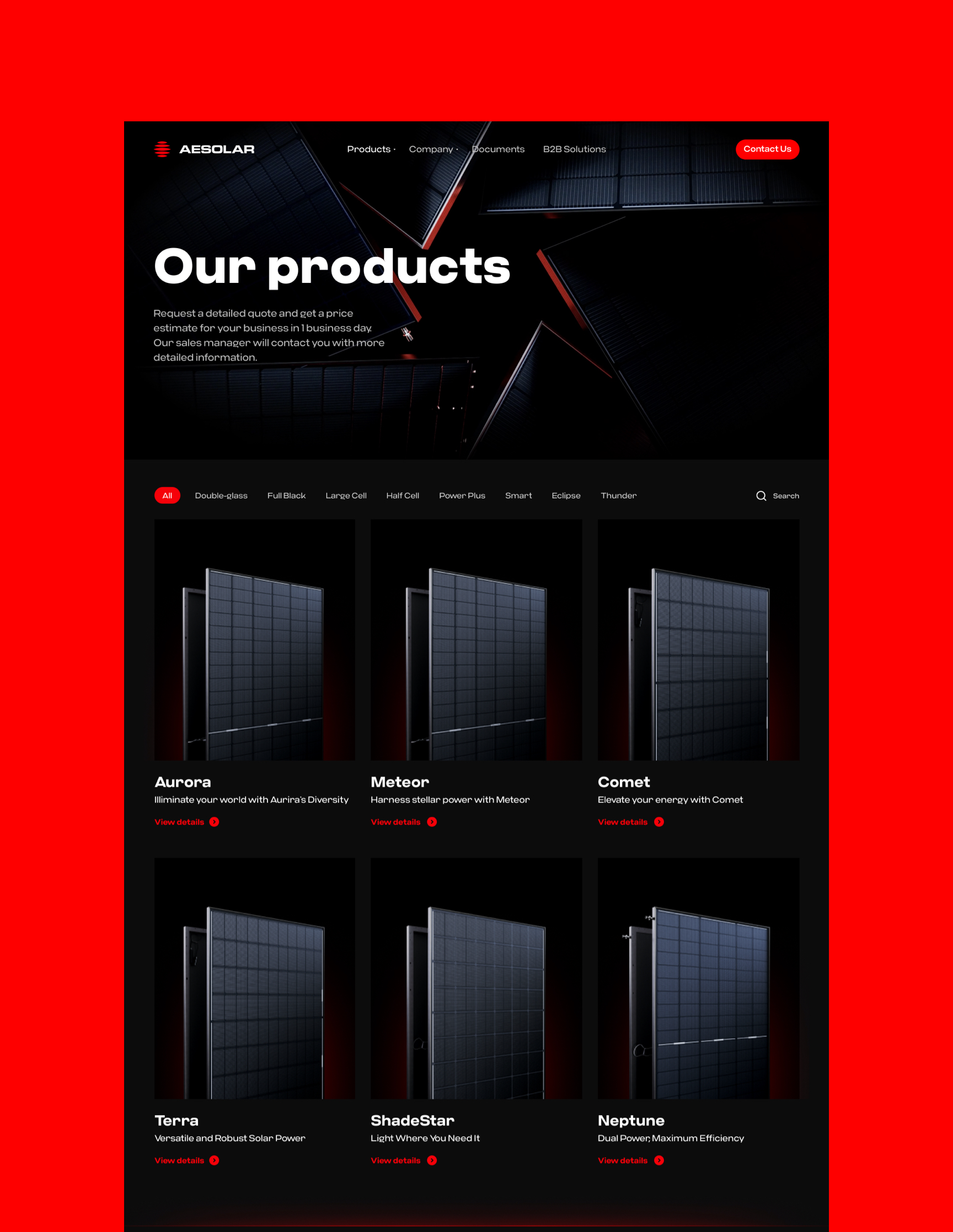 Our products dark version page for AE Solar Renewable energy company website
