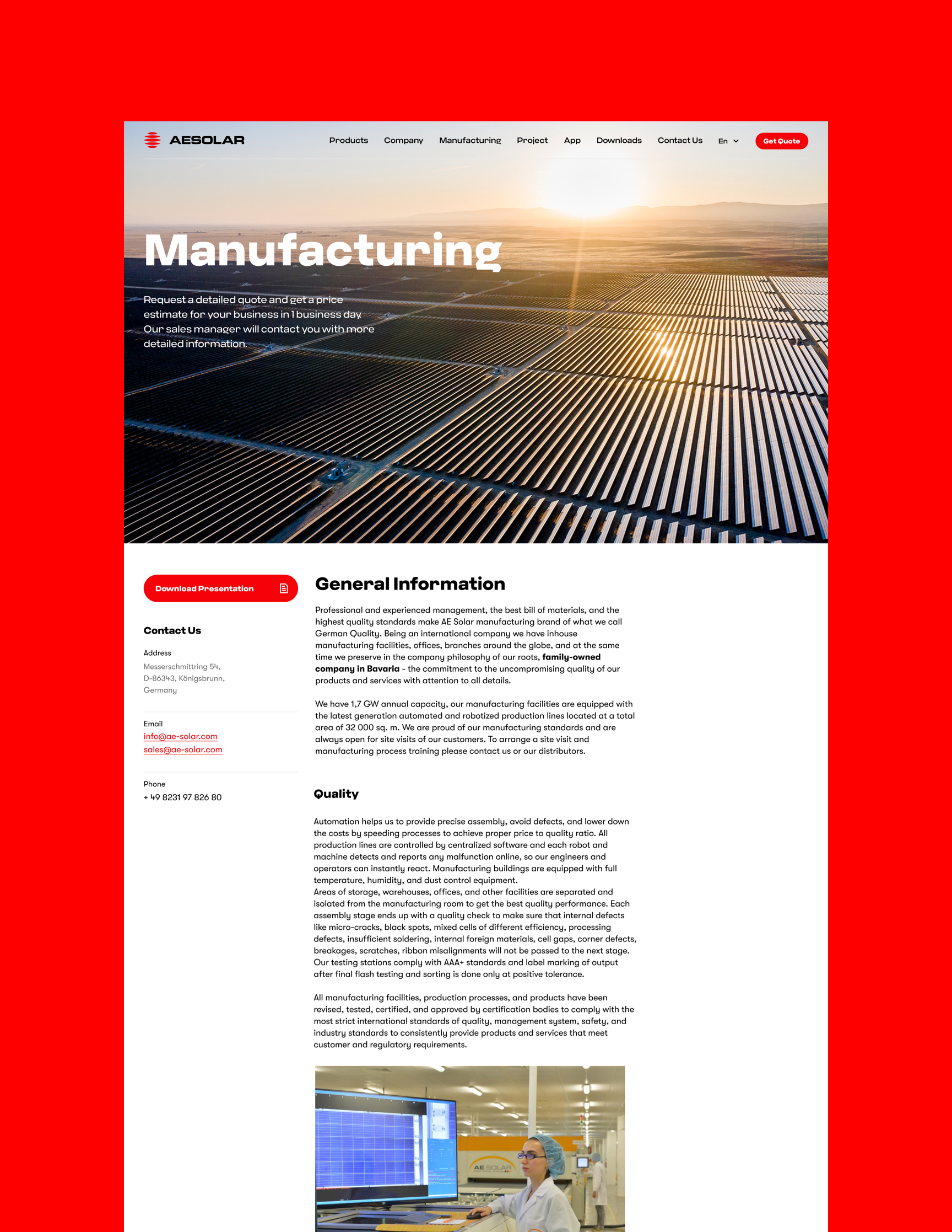 Manufacturing page for AE Solar Renewable energy company website