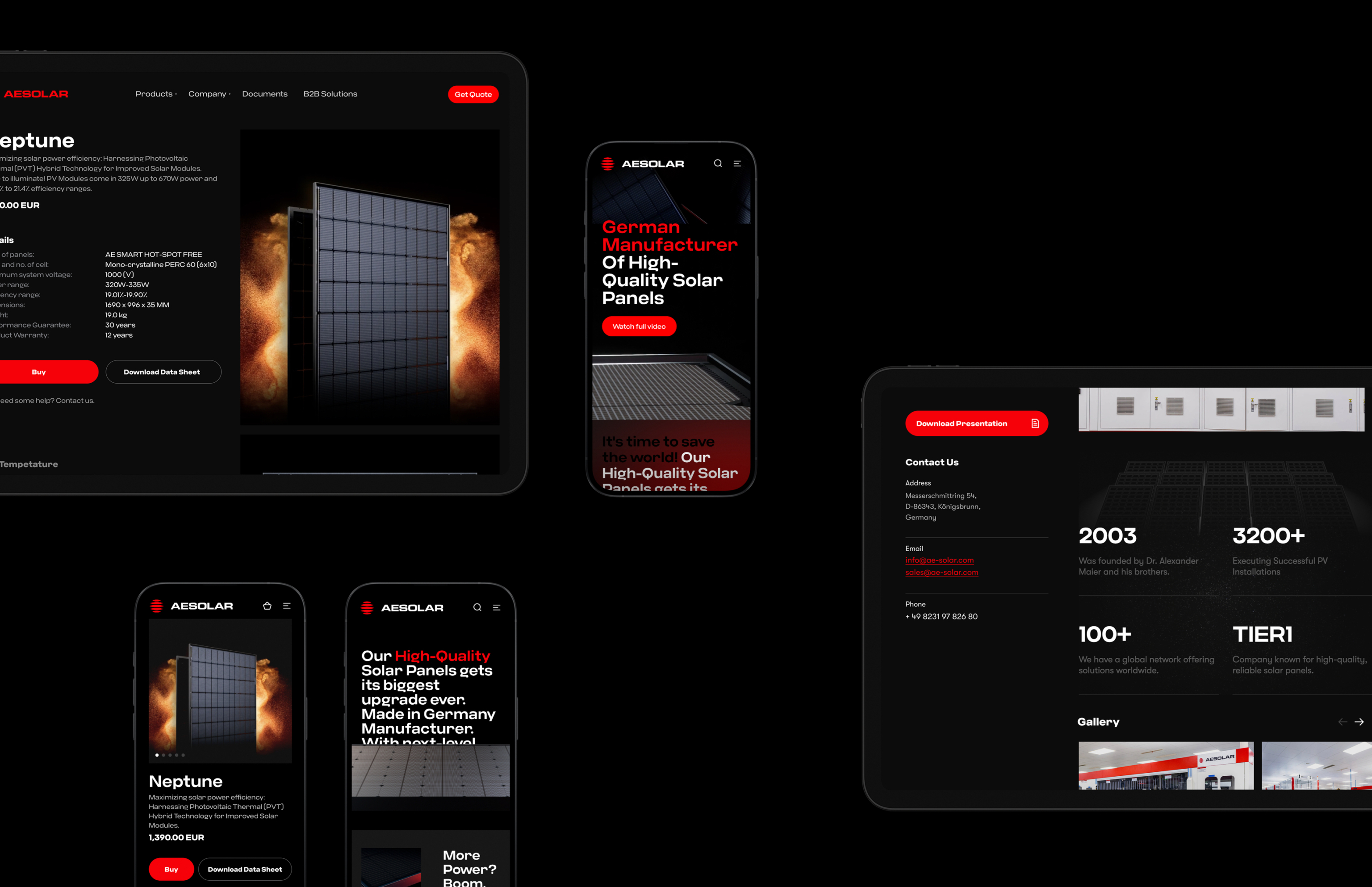 dark versions of pages for AE Solar high-quality solar panels company website