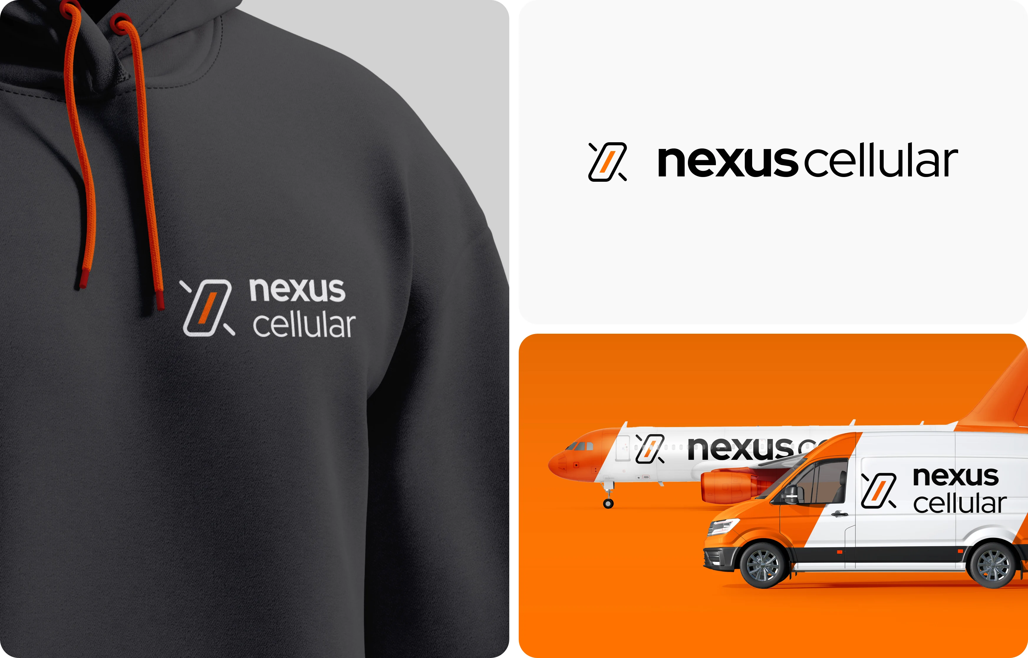 A black sweatshirt with orange and white nexus cellular logo